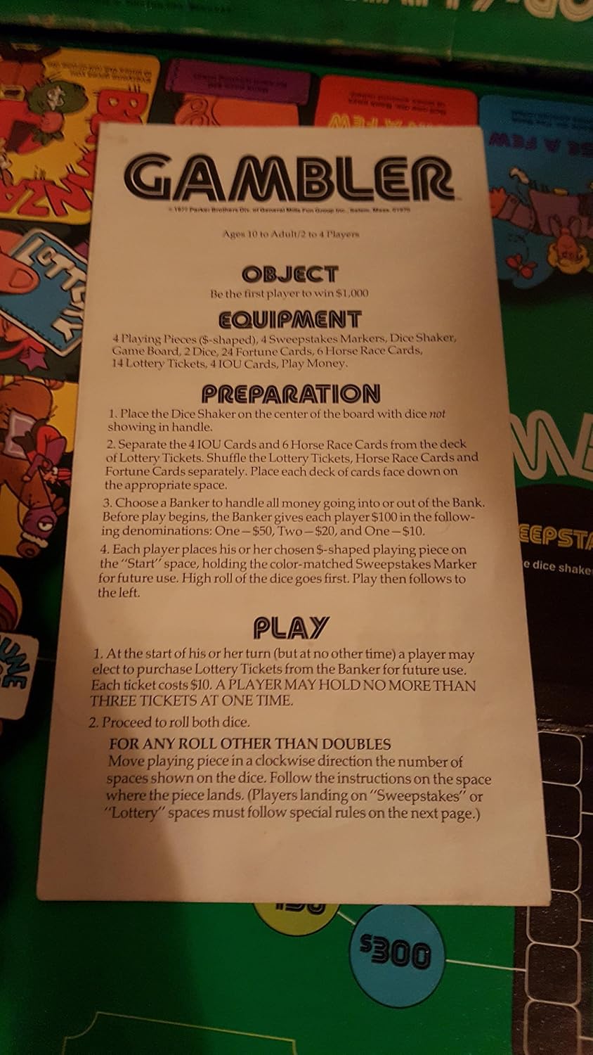 Gambler Boardgame Copyright 1977 by Parker Brothers