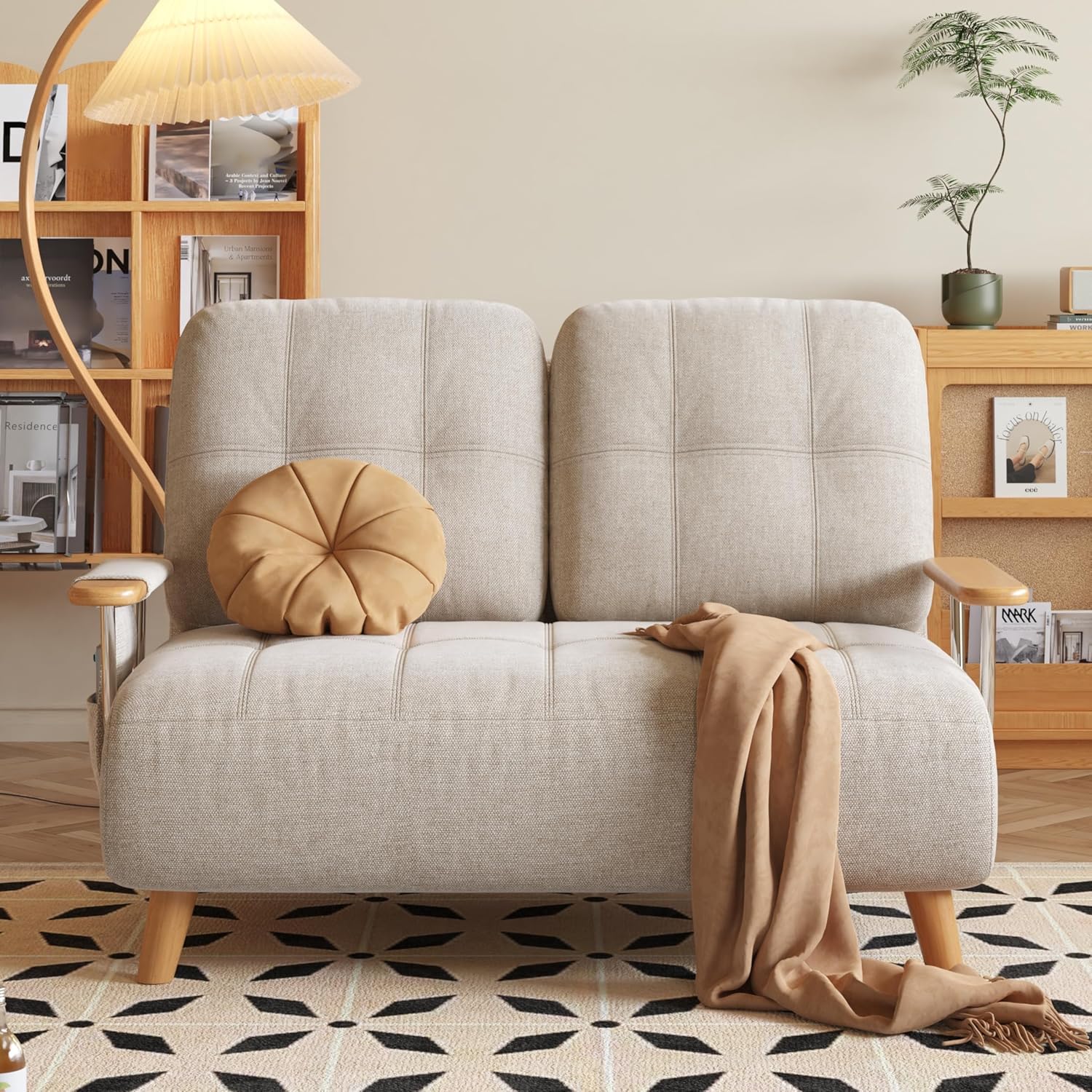 FLOCQISEM Convertible Chair Bed, Futon Sofa Bed Couches Sleeper Chair with Solid Wood Leg and Storage Pocket, Linen Fabric Sofa Couch for Living Room, Bedroom, Office, Apartment (44.5")