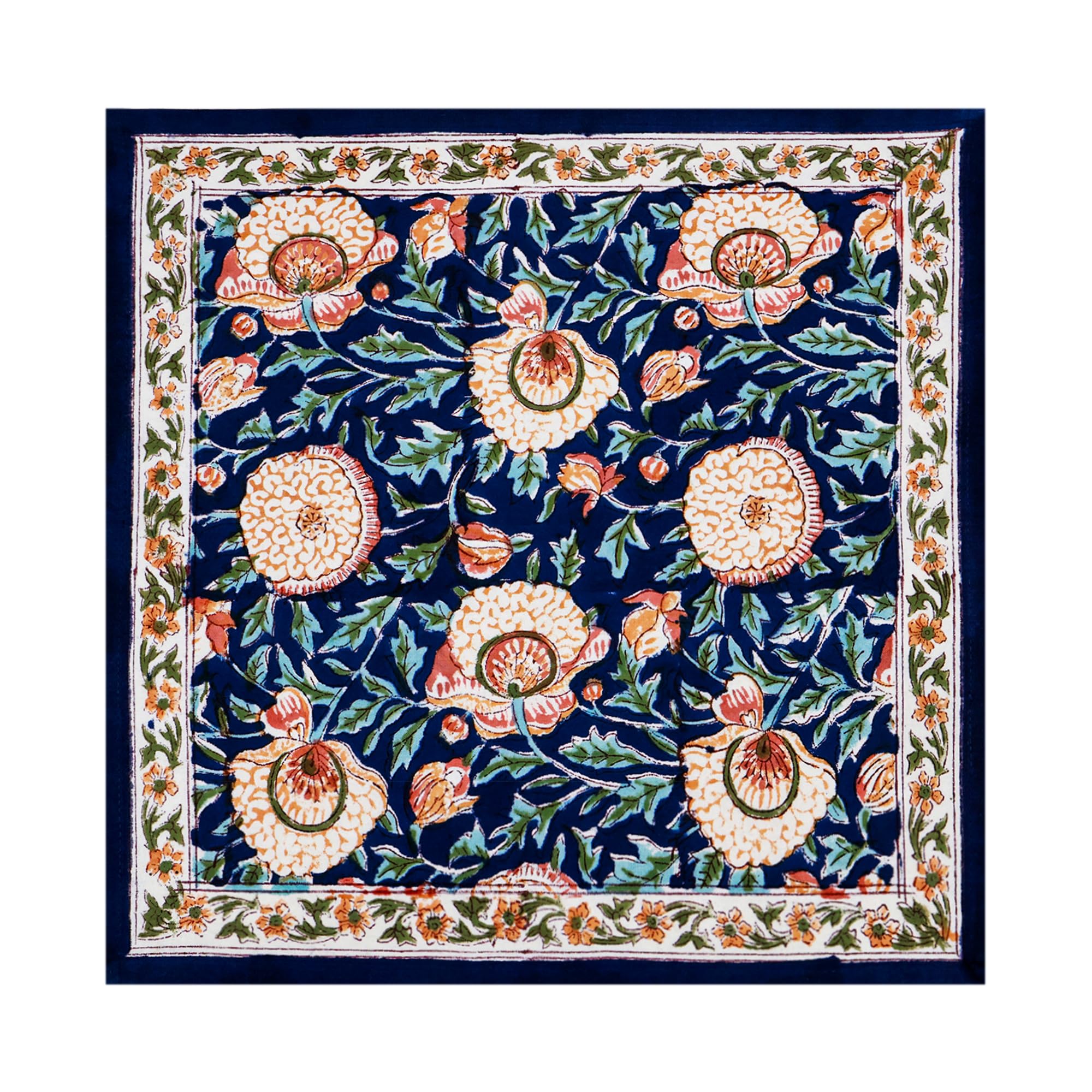 14x14 Inches Cotton Napkins Set of 4, Orange Blue, Washable Hand Block Printed Reusable Cloth Napkins For Dinning, Party, Wedding, Home Decor Autumn Valentine Gifts
