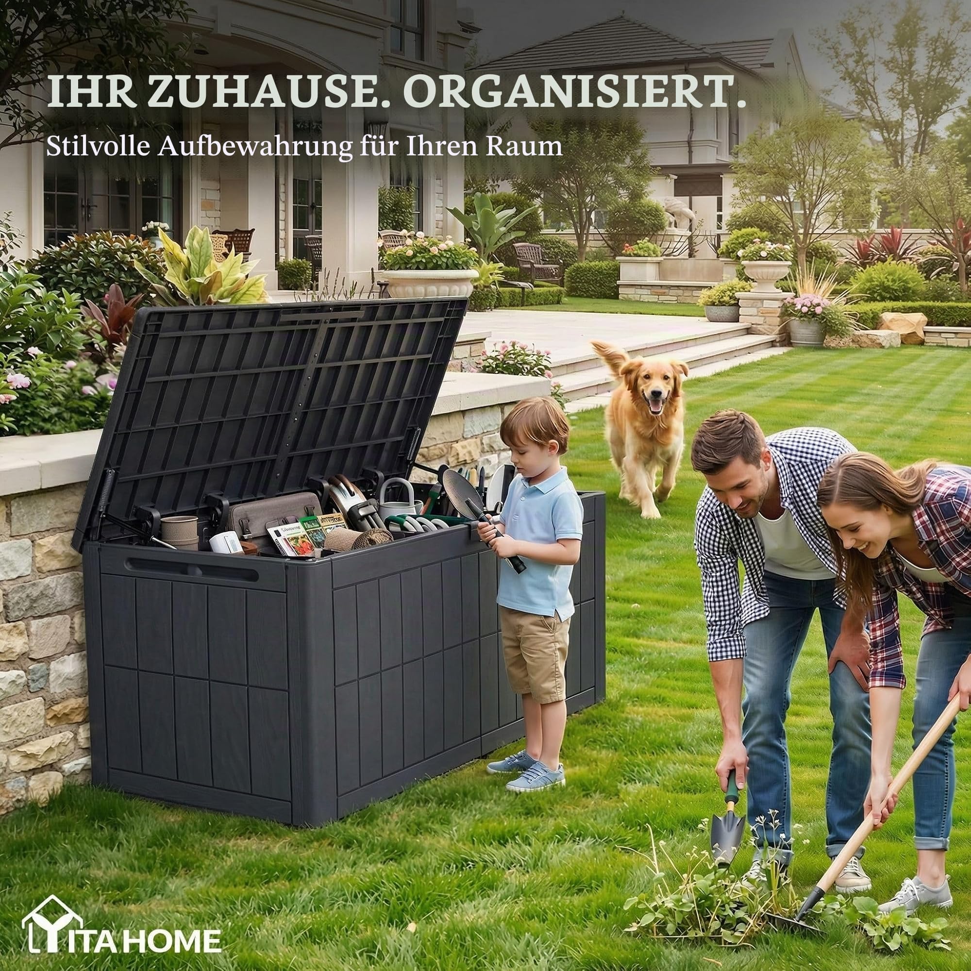YITAHOME Außenspeicherbox 450L wasserdichte Deckbox für Gartengeräte Terrassenkissen Swimmingpool-Zubehör verschließbar einfach zusammenzubauen vielseitiger Sitzbank oder Tisch,dunkelgrau