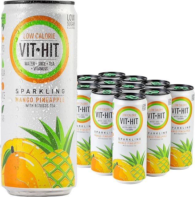 VIT HIT Sparkling - 12 x Mango & Pineapple + Rooibos Tea Prime Fizzy Drink | Vegan, Low Sugar, Low Calories, Vitamin Drink | 100% RDA of 8 Vitamins (330ml x12Cans)