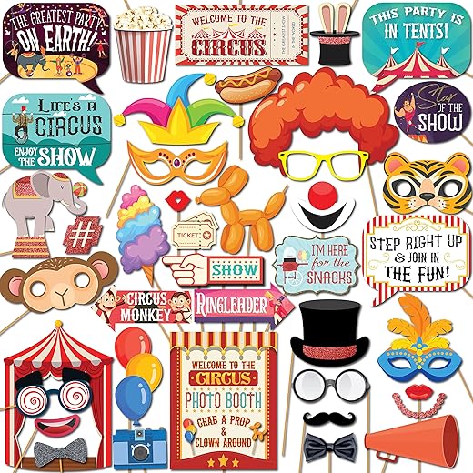 Carnival Photo Booth Props - 41-pc Photobooth Kit with 8 x 10-Inch Sign, 60 Adhesive Pads, 45 Sticks - Circus Theme Party Decorations - Carnival Backdrop