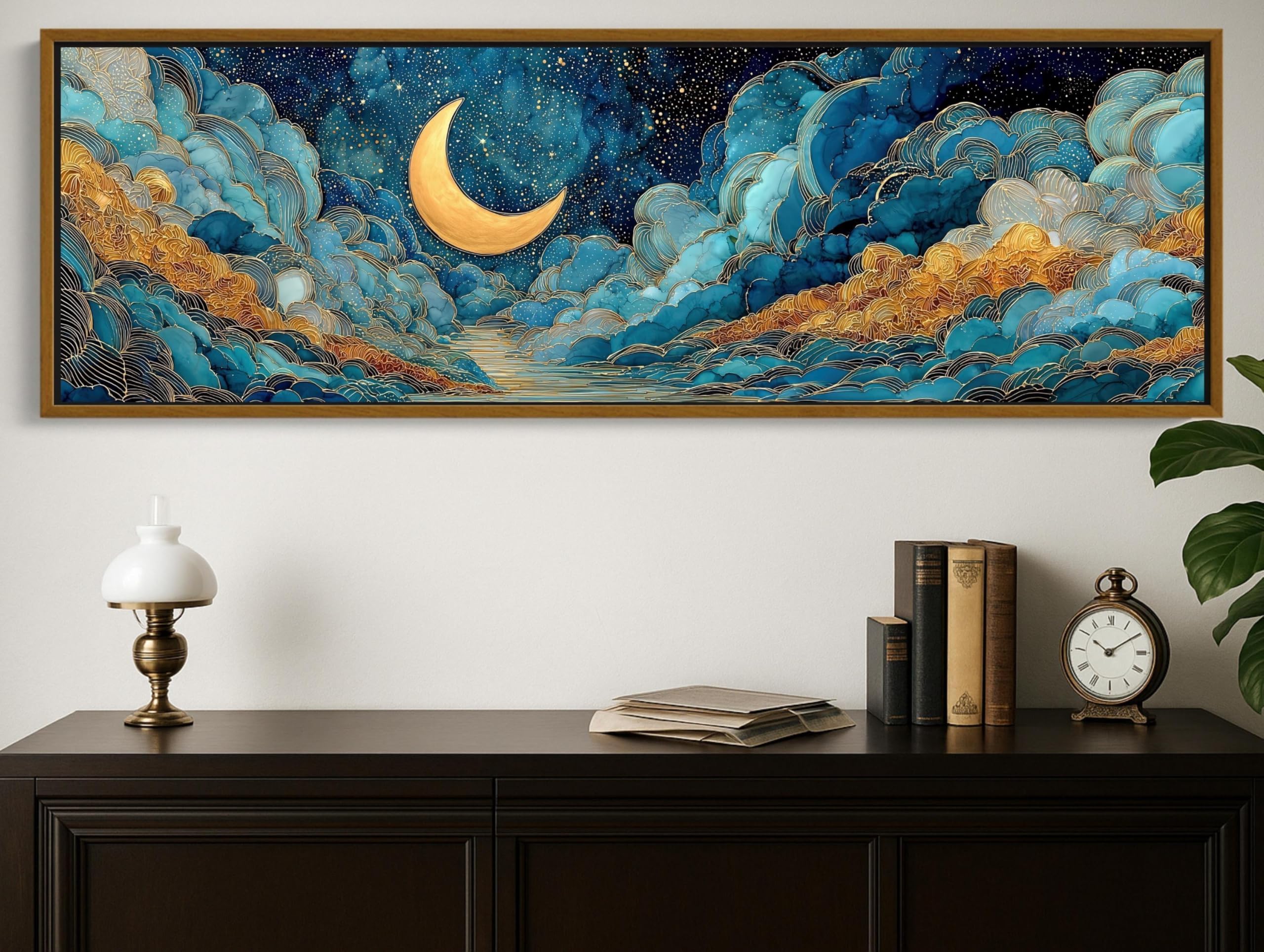 Art mural abstrait bleu et or de luxe avec impression giclée lune de qualité - 8