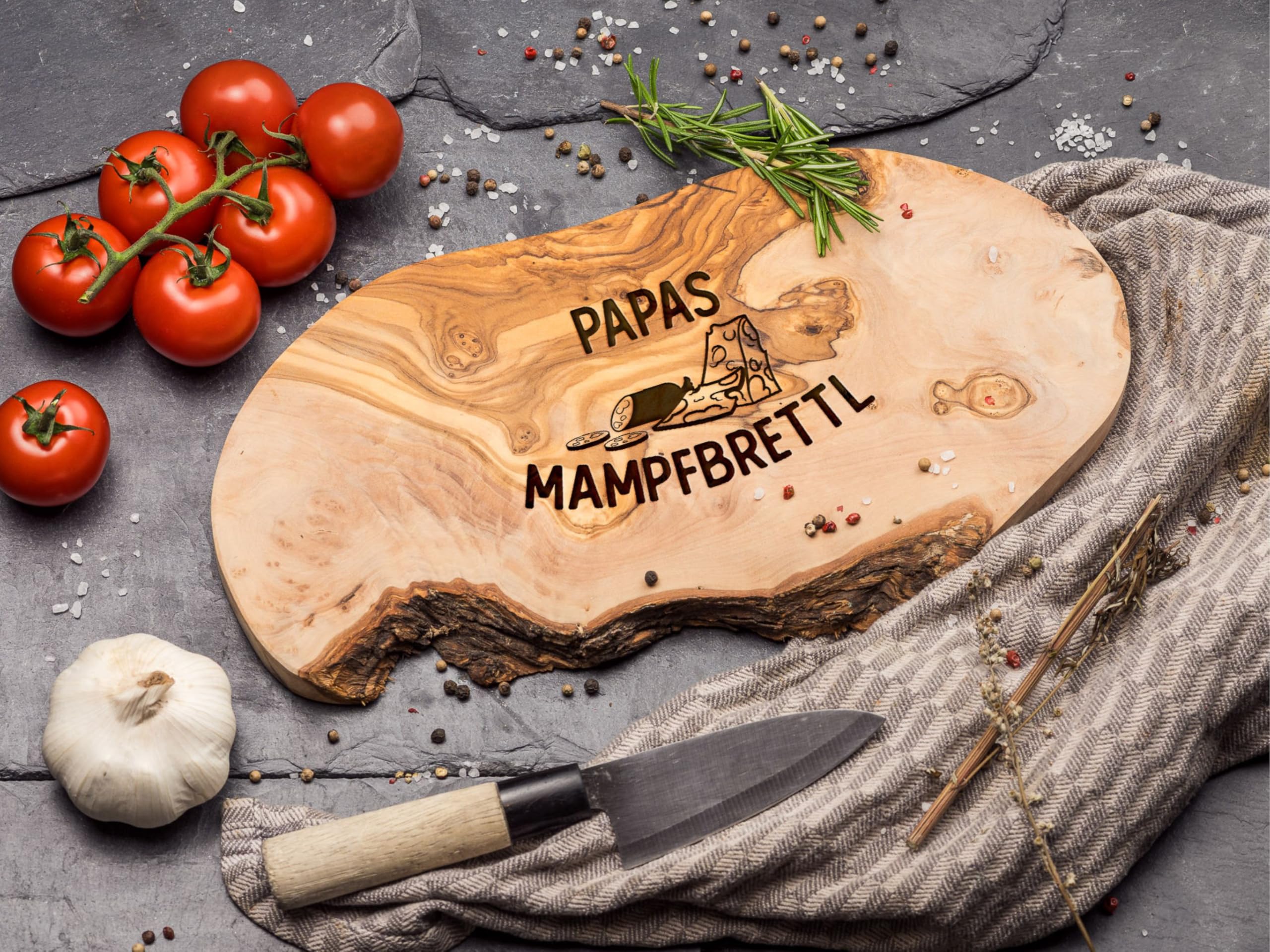 Schneidebrett Olivenholz [+ PERSONALISIERT] |Frühstücksbrettchen | Brotzeitbrett für Männer | Olivenholzschneidebrett | Vatertag Geschenk | Personalisierte Geschenke Männer | Holzbrett Gravur