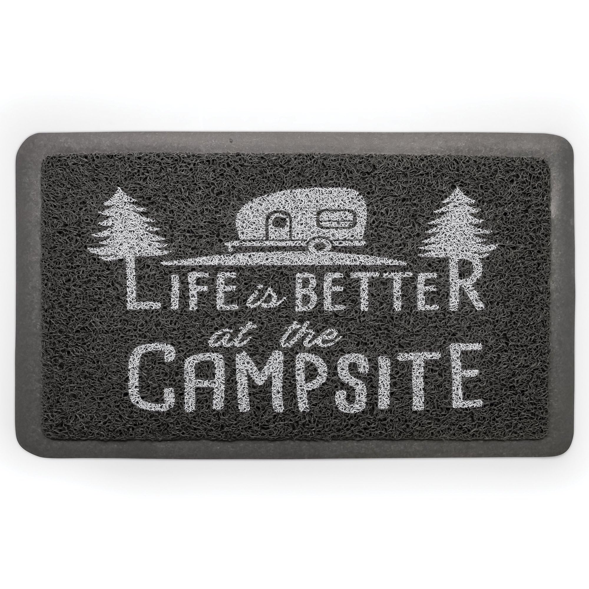 Camco Life is Better at the Campsite Scrub Mat - 26.5" by 15" - Non-Slip Backing - Gray/White - 53200