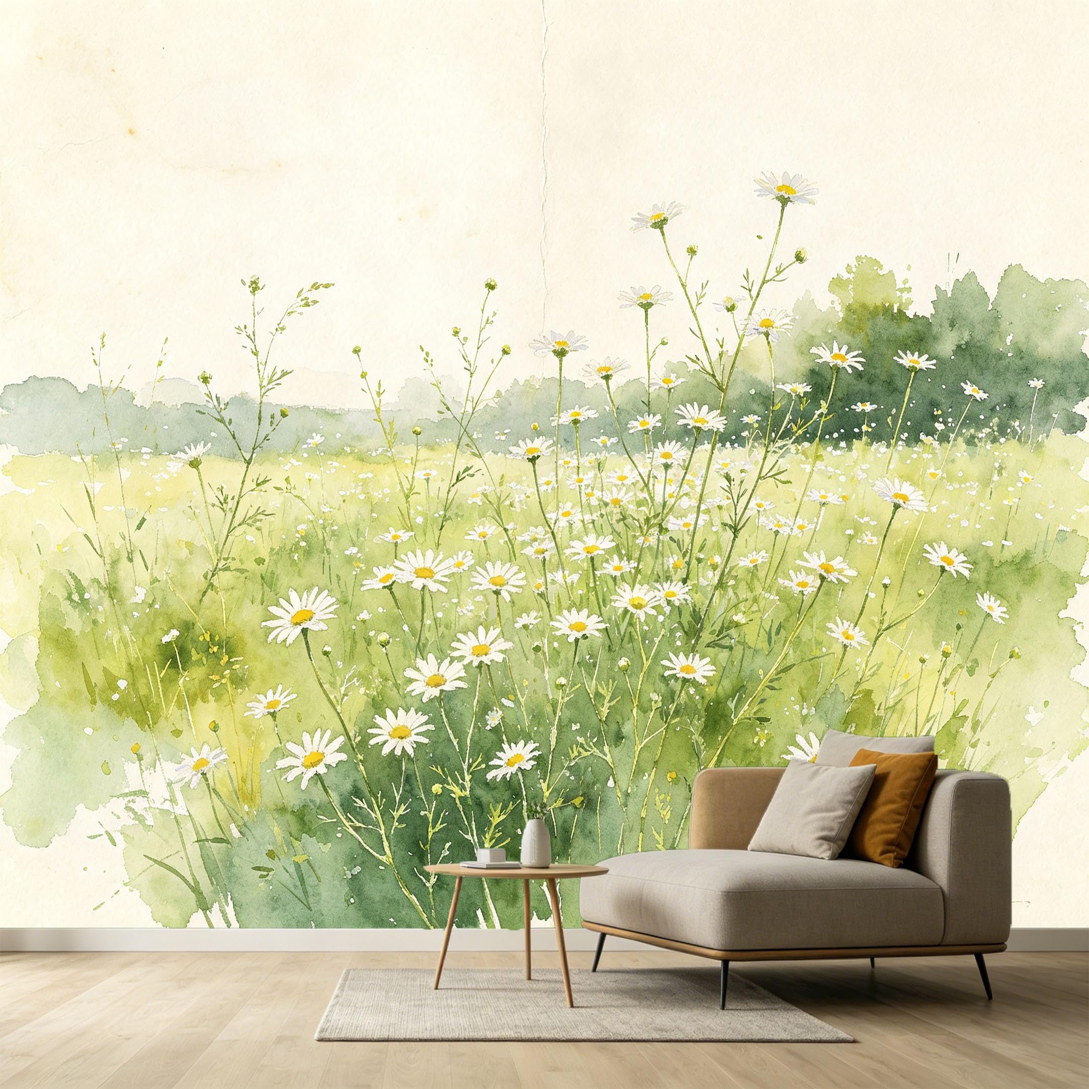Custom Size Wall Murals Botanical Watercolor Daisy Meadow Wildflower Field Self-Adhesive Wall Fabric Removable Wallpaper Wall for Living Room Bedroom Office Decor