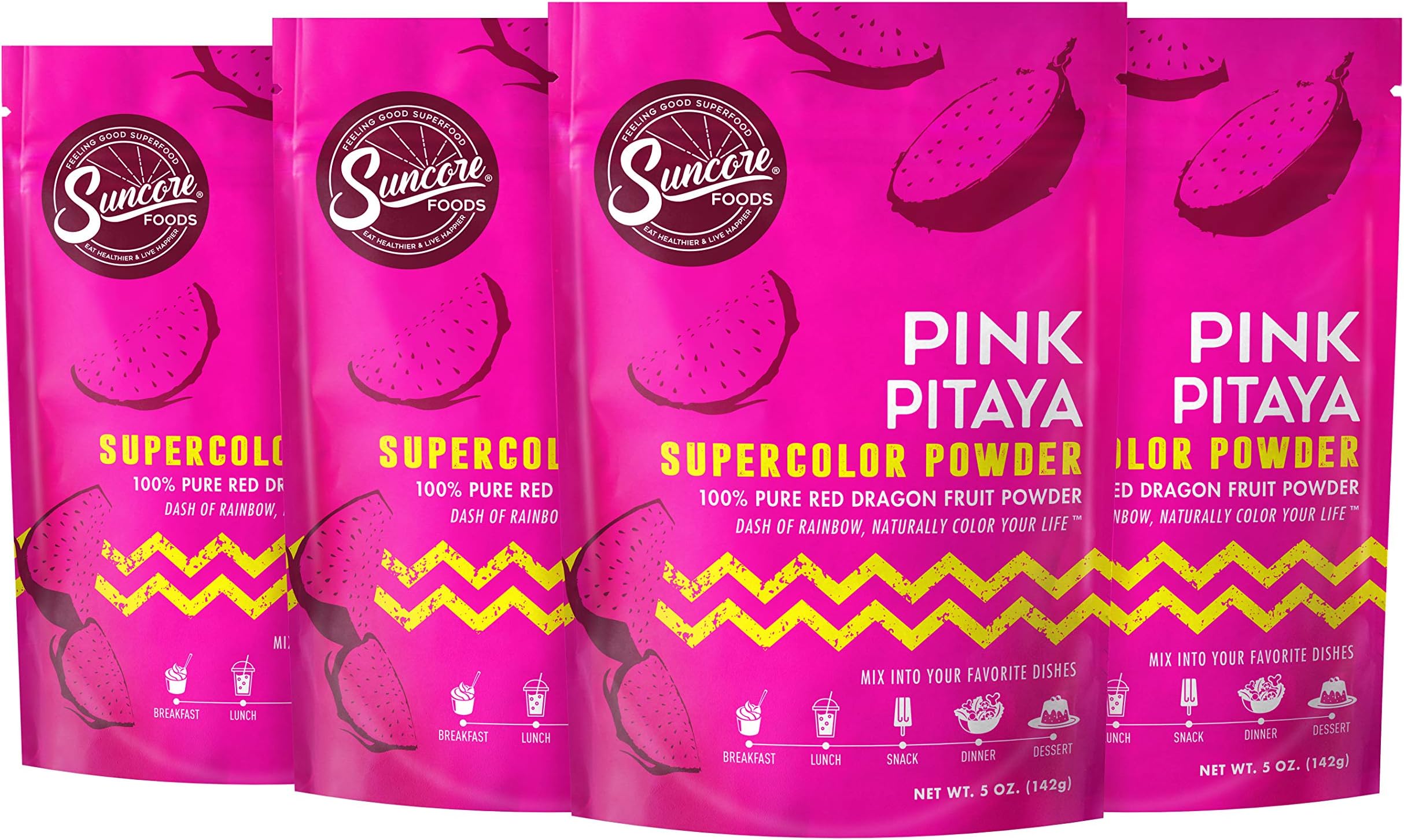 Suncore Foods – Premium Pink Pitaya Supercolor Powder, 5oz each, 20oz total (4 Pack) – Natural Red Dragon Fruit Food Coloring Powder, Plant Based, Vegan, Gluten Free, Non-GMO
