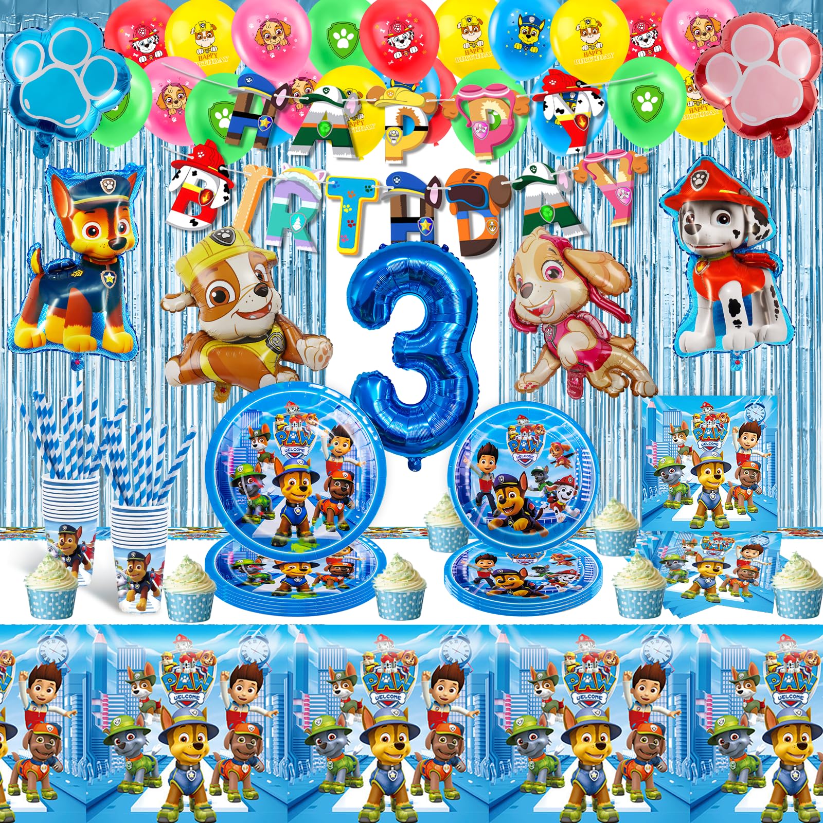 WD2 109 PCS Dog Pappteller Kindergeburtstag Deko Set, Geschirr mit Bechern und Servietten, Tischdecke und Tortendeko für 20 Personen