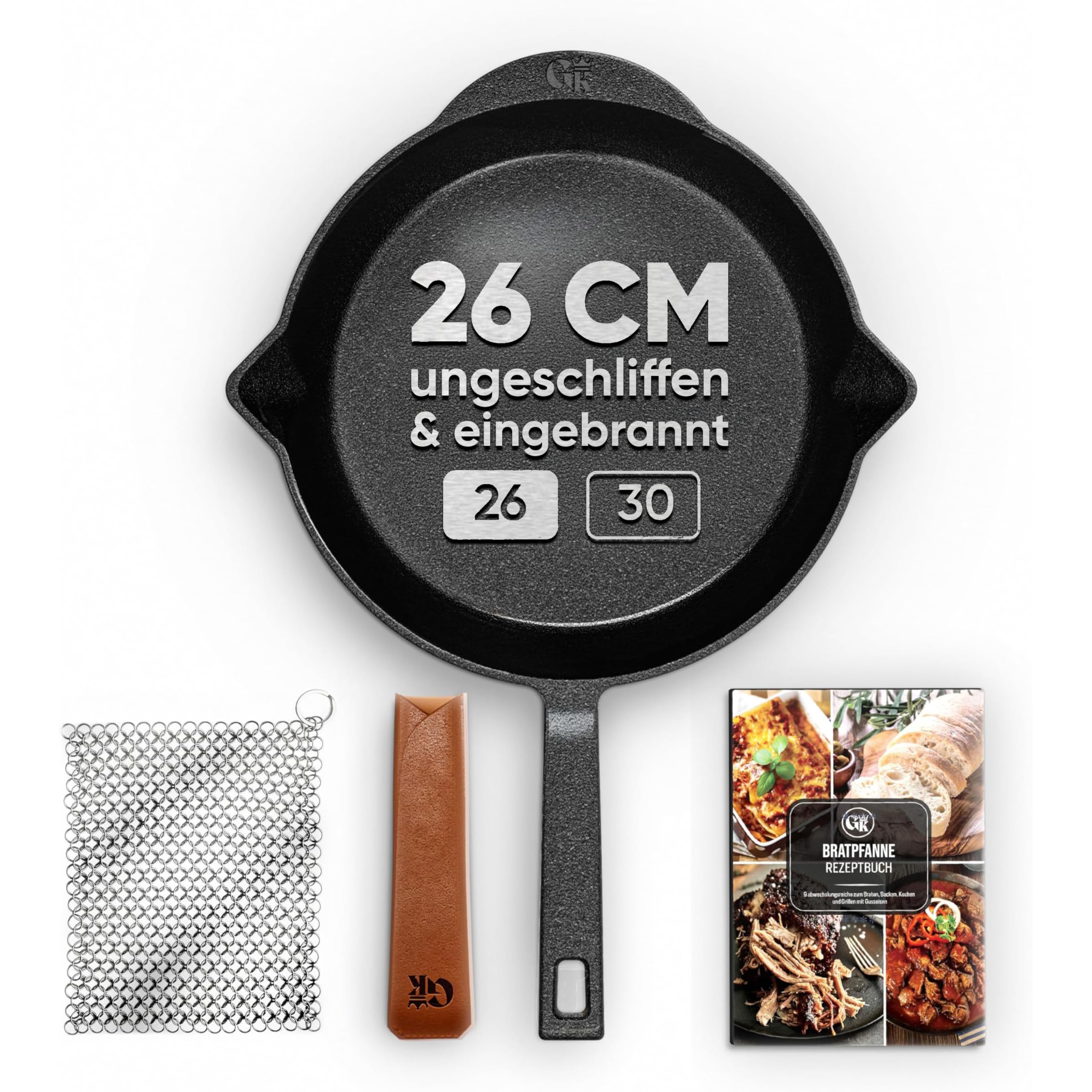 GUSSKÖNIG Premium Gusseisenpfanne 26 cm – Bratpfanne für Grill, Backofen & Herd – inkl. Ringreiniger, Ledergriffschutz & Rezeptheft – eingebrannt, hitzebeständig bis 300°C