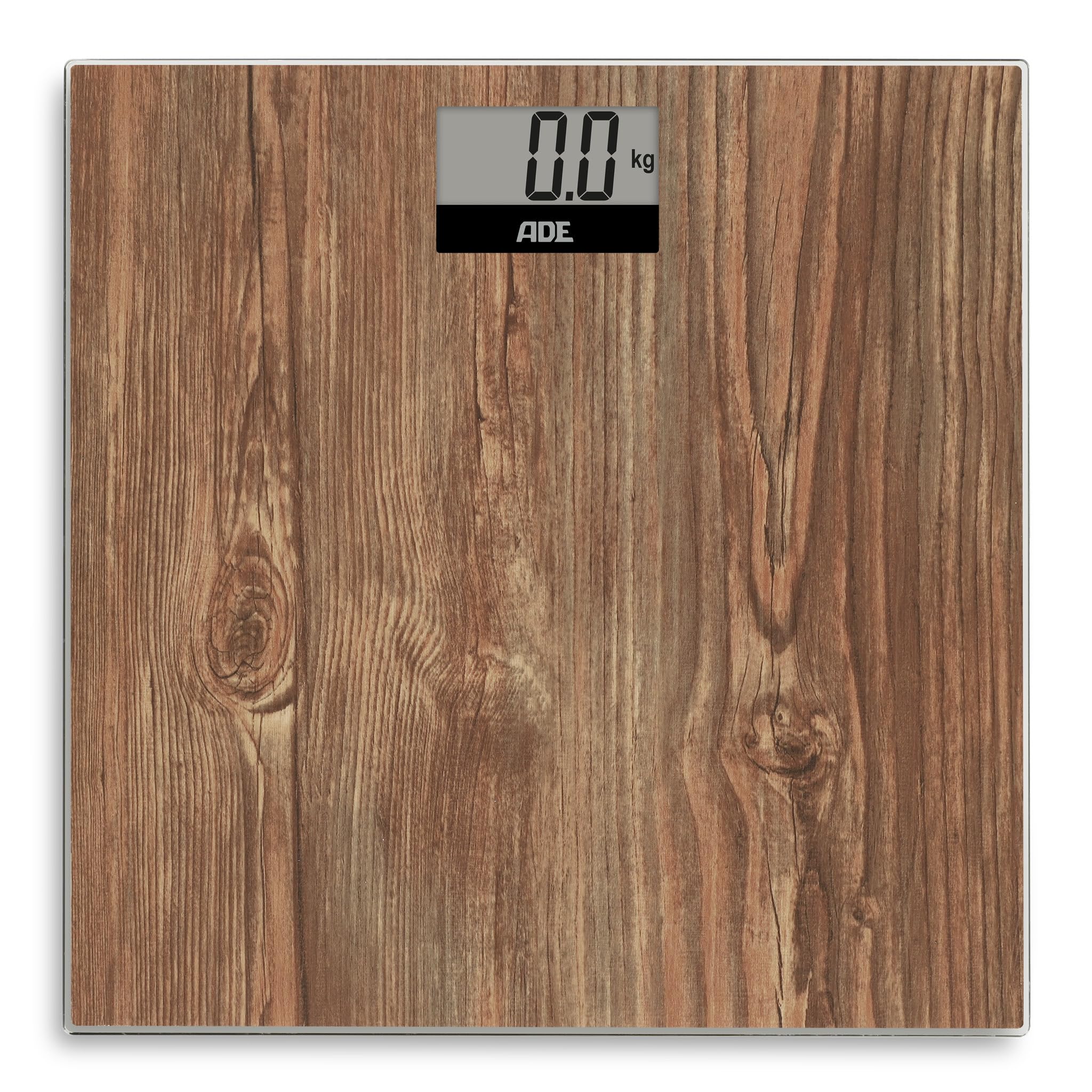 ADE Bilancia pesapersone digitale in accogliente look legno | ampio display | superficie di pesatura antiscivolo in vetro di sicurezza | risultati di pesatura accurati | fino a 180 kg