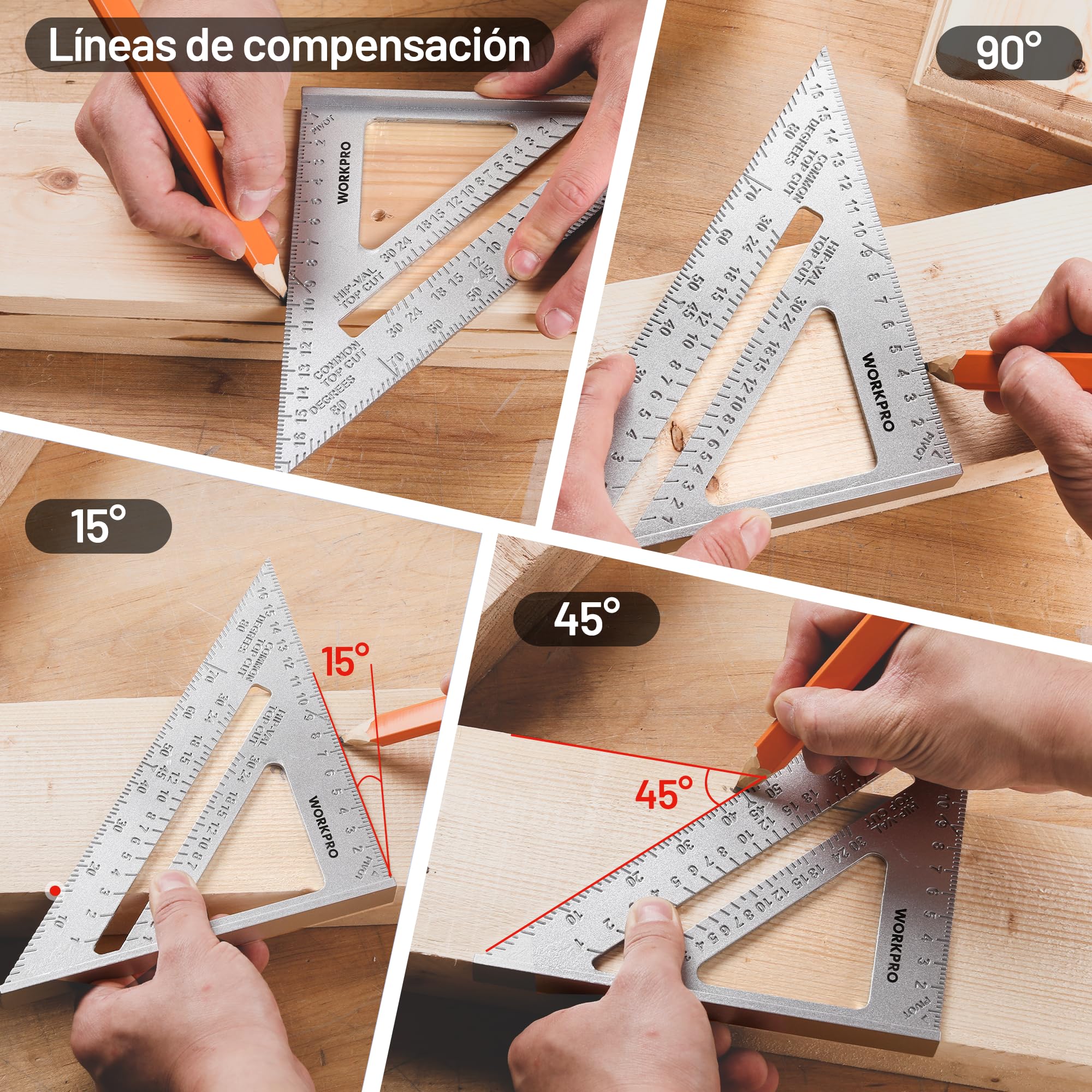 WORKPRO Escuadra Combinada Ajustable 300mm y Regla de Triángulo 180mm, 2 Piezas Escuadra de Carpintería en Métrica, Cuadrado de Combinación, Juego de Herramienta de Medición para Carpintería