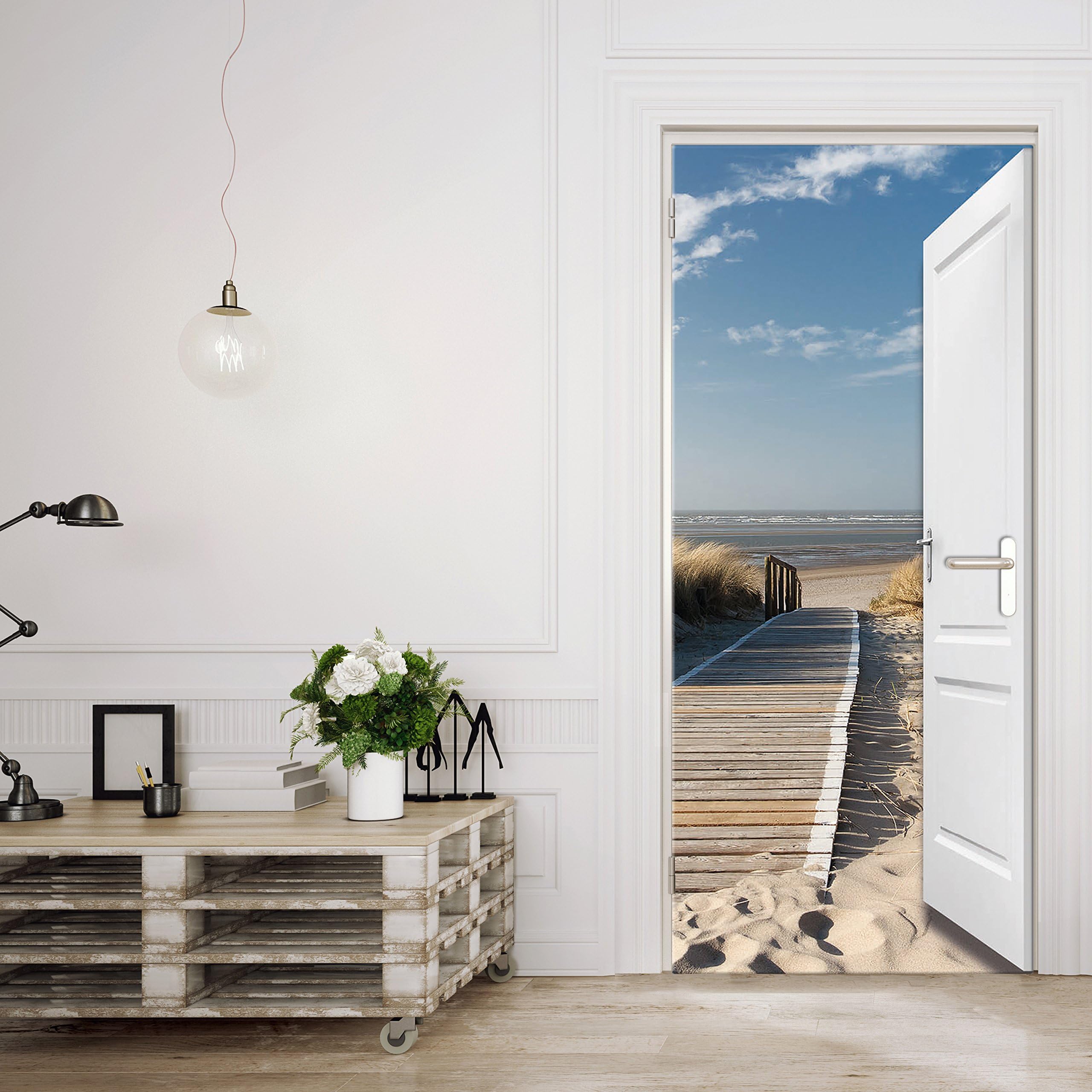 murimageDoor Mural Beach 3D 86 x 200 cm Including Paste Photo Wallpaper Dunes sea Ocean Boardwalk Wood Sand Waves Bedroom Wallmural