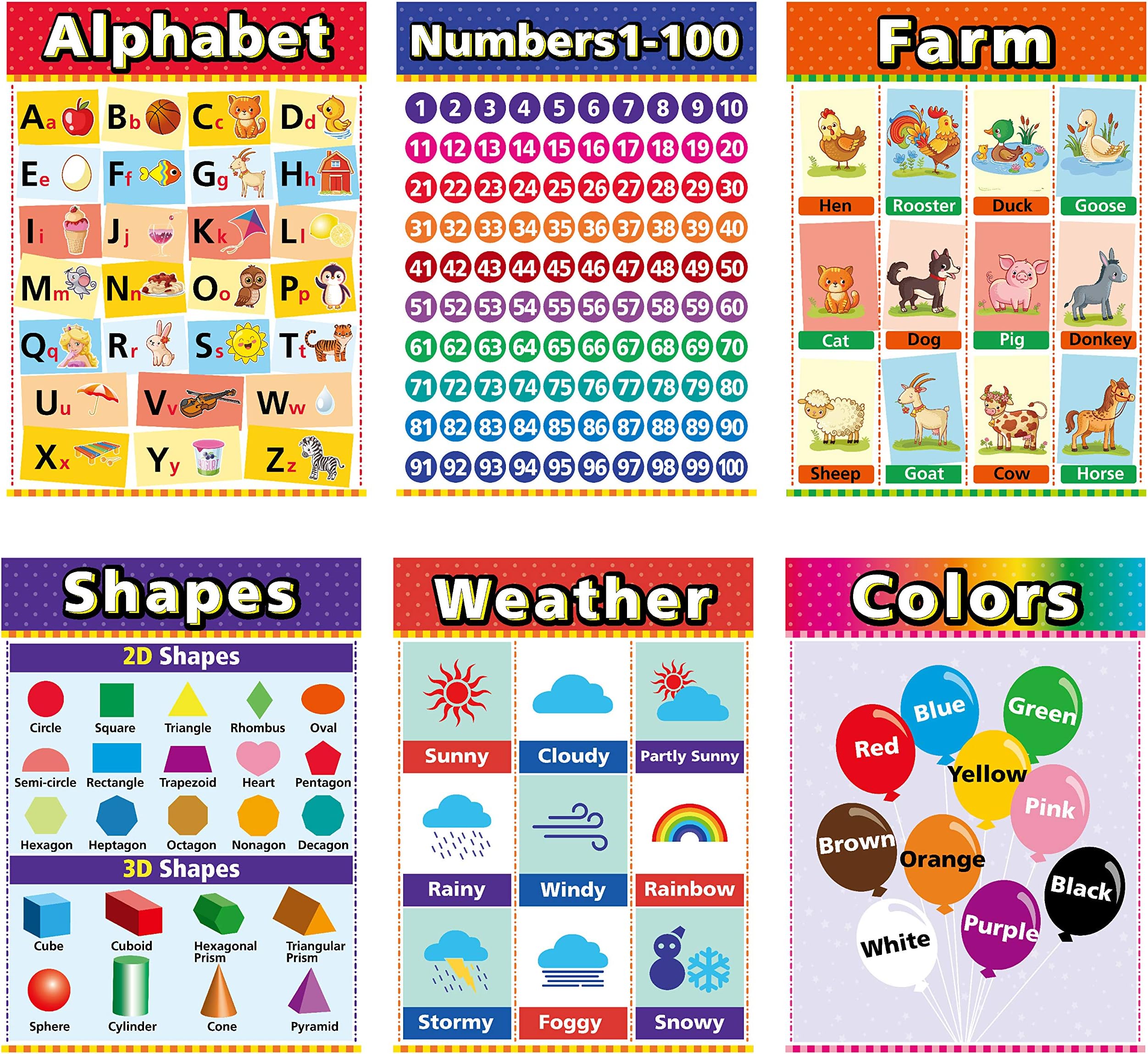 Educational Posters for Kindergarten, Preschool Learning Posters, Laminated Learning Charts for Toddlers, Elementary Posters for Classroom, School Supplies Includes Numbers, Time (6 Pack Upgrade)