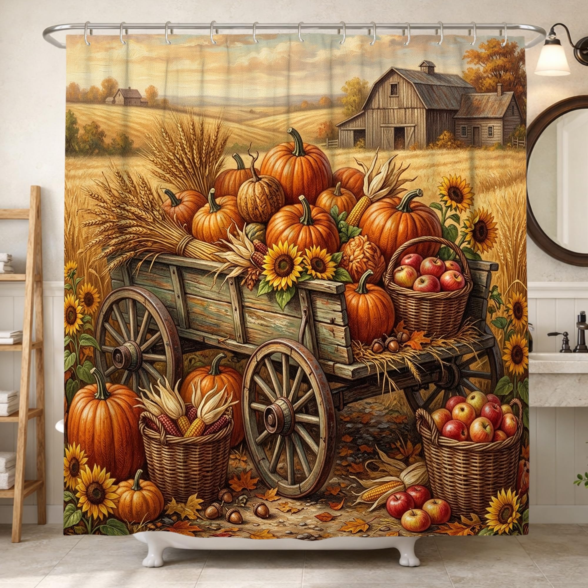 Rideau de douche étanche motif citrouilles décoration salle de bain rustique orange automne