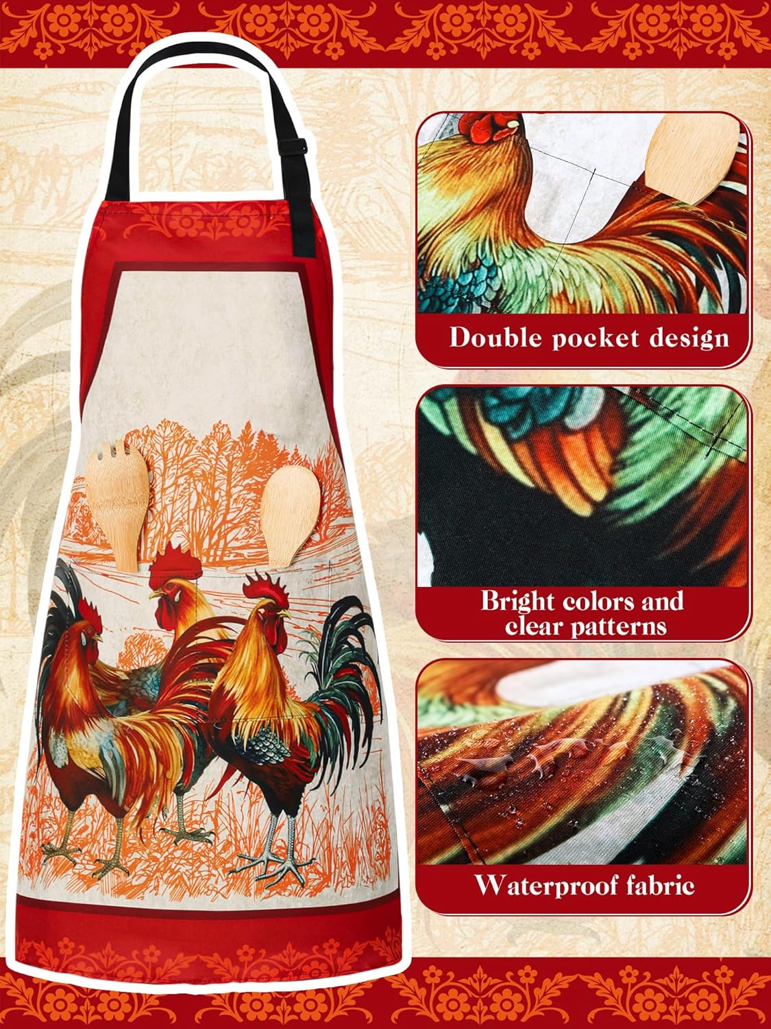 Geetery 4 Pcs Chicken Aprons for Women Rooster Print Apron Waterproof Adjustable for Kitchen Cooking - Image 6