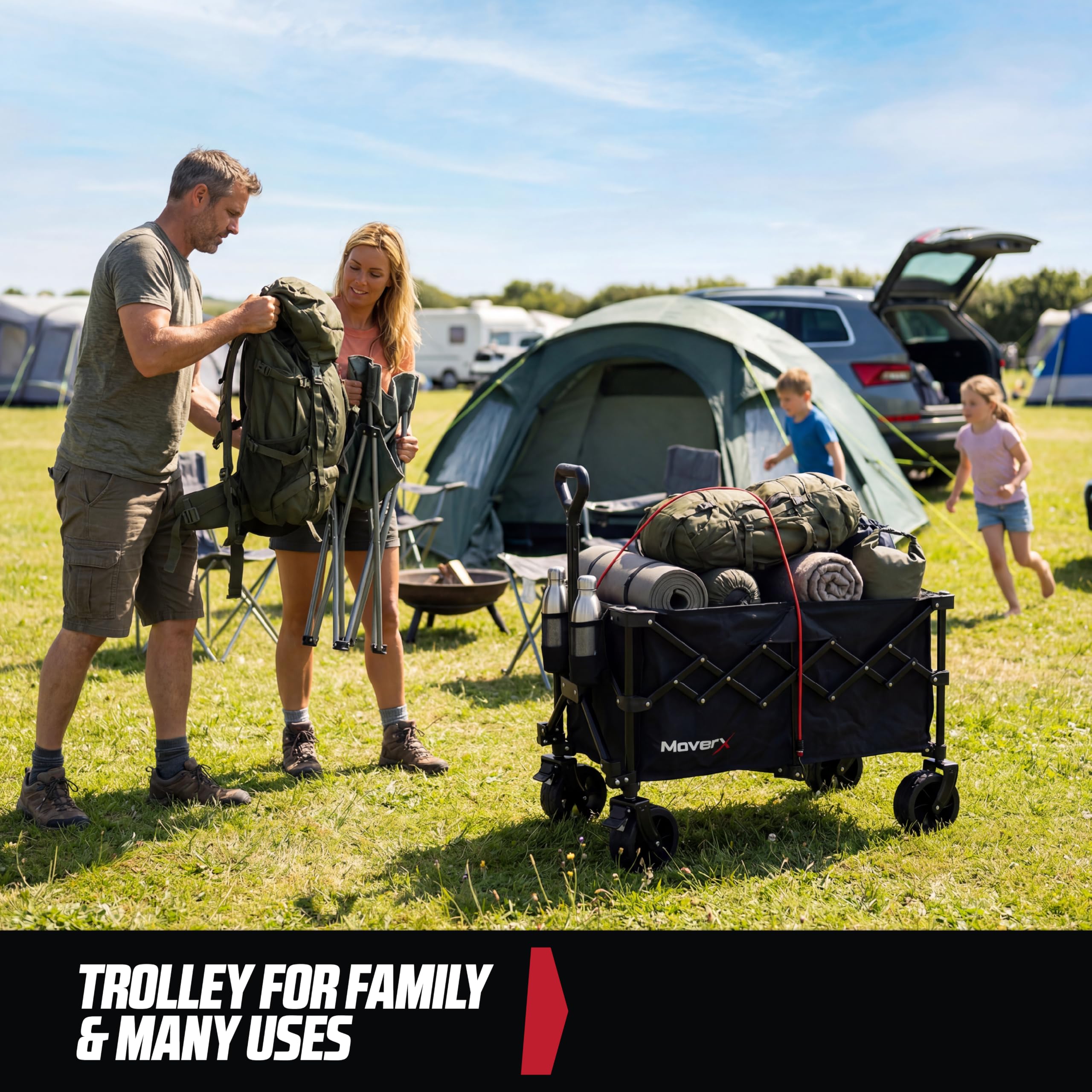 MoverX Carrito de festival de 120 litros, plegable, para camping, playa, al aire libre, jardín, picnic, compras, pesca, ruedas anchas, mango