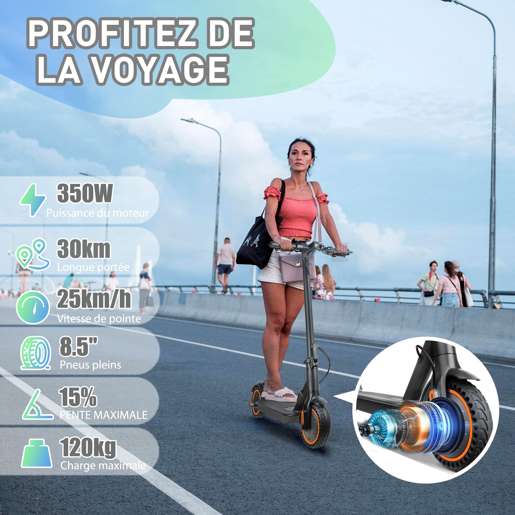 Trottinette Electrique Adulte Pliable, autonomie de 30 km,Vitesse maximale de 25 km/h,Double système de freinage Batterie 36V 7.8Ah-Loisirs et divertissements,