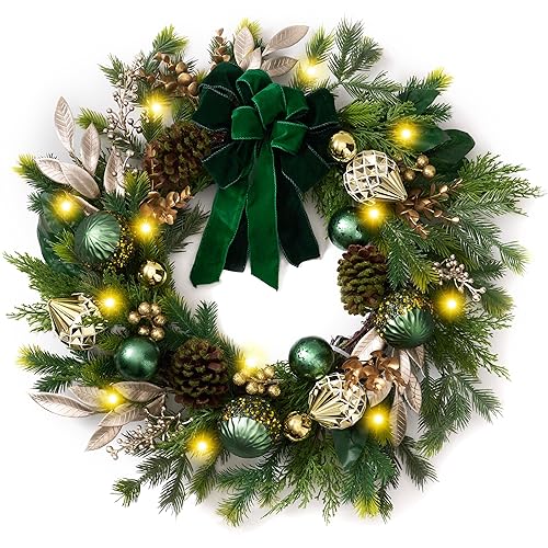 DecorbyHannah 24" Pre-Lit Christmas Wreath for Front Door with Lights,