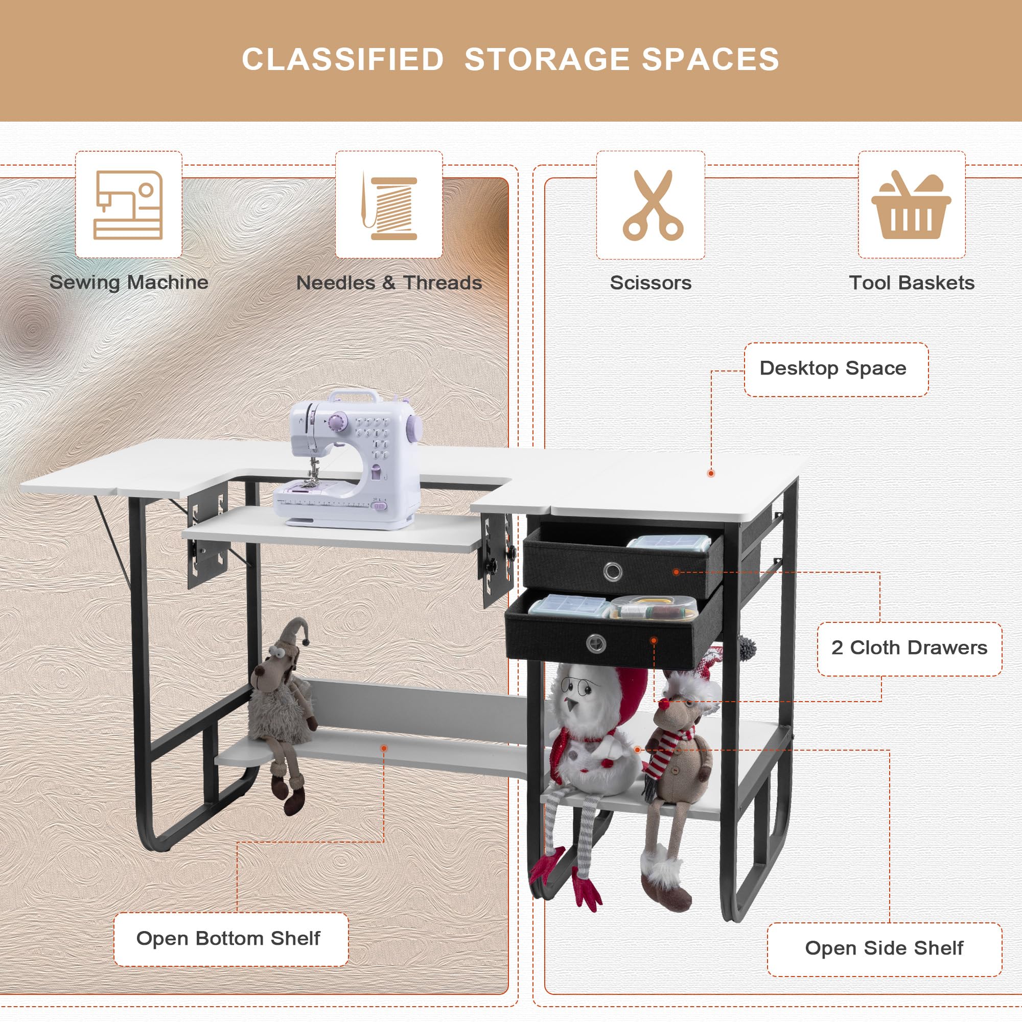 Mesa plegable para máquina de coser, mesa de coser multiusos con plataforma ajustable, estante de almacenamiento y 2 cajones de tela (blanco cálido)
