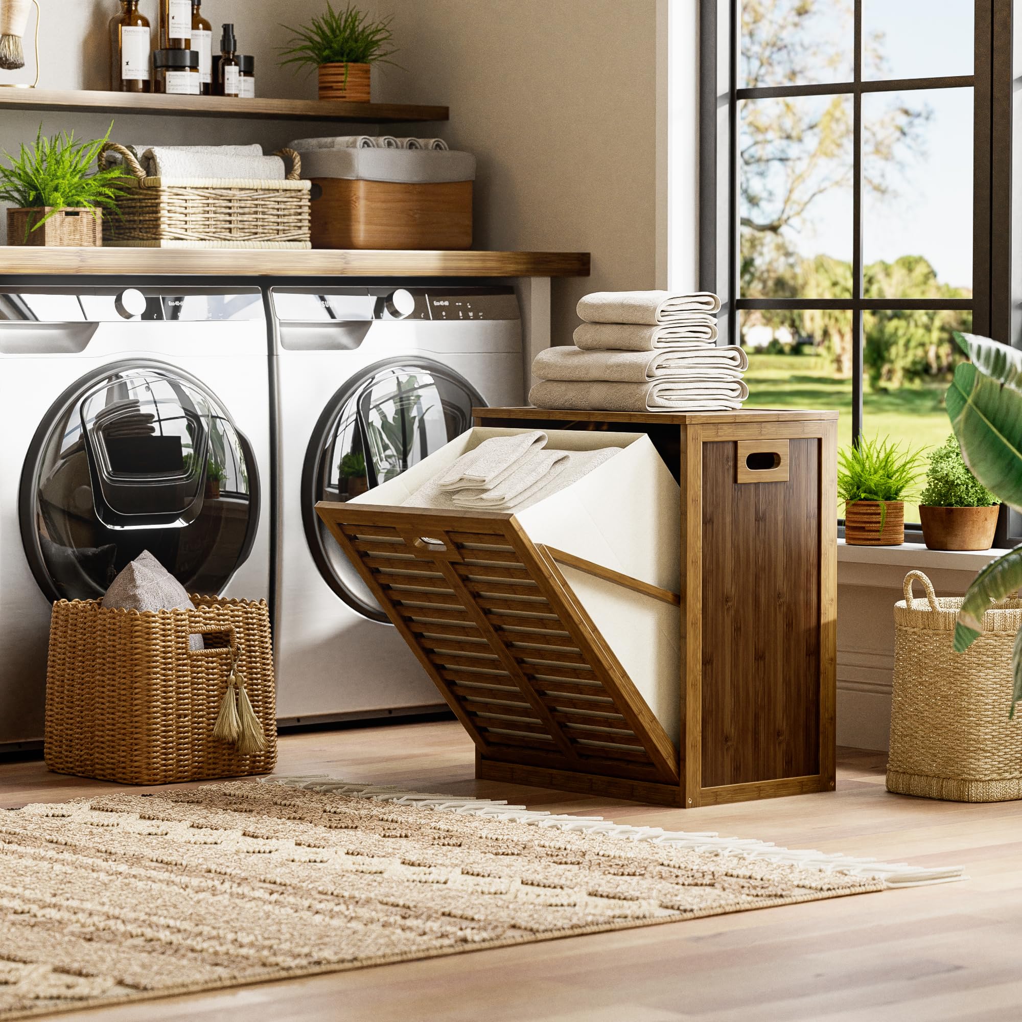 HITNET Armario de Baño con Cesto Ropa Sucia, Mueble Ropa Sucia de Bambú, Cesta Lavandería, Bolsa Interior Extraíble con Asas para sala de estar y dormitorio, Nogal