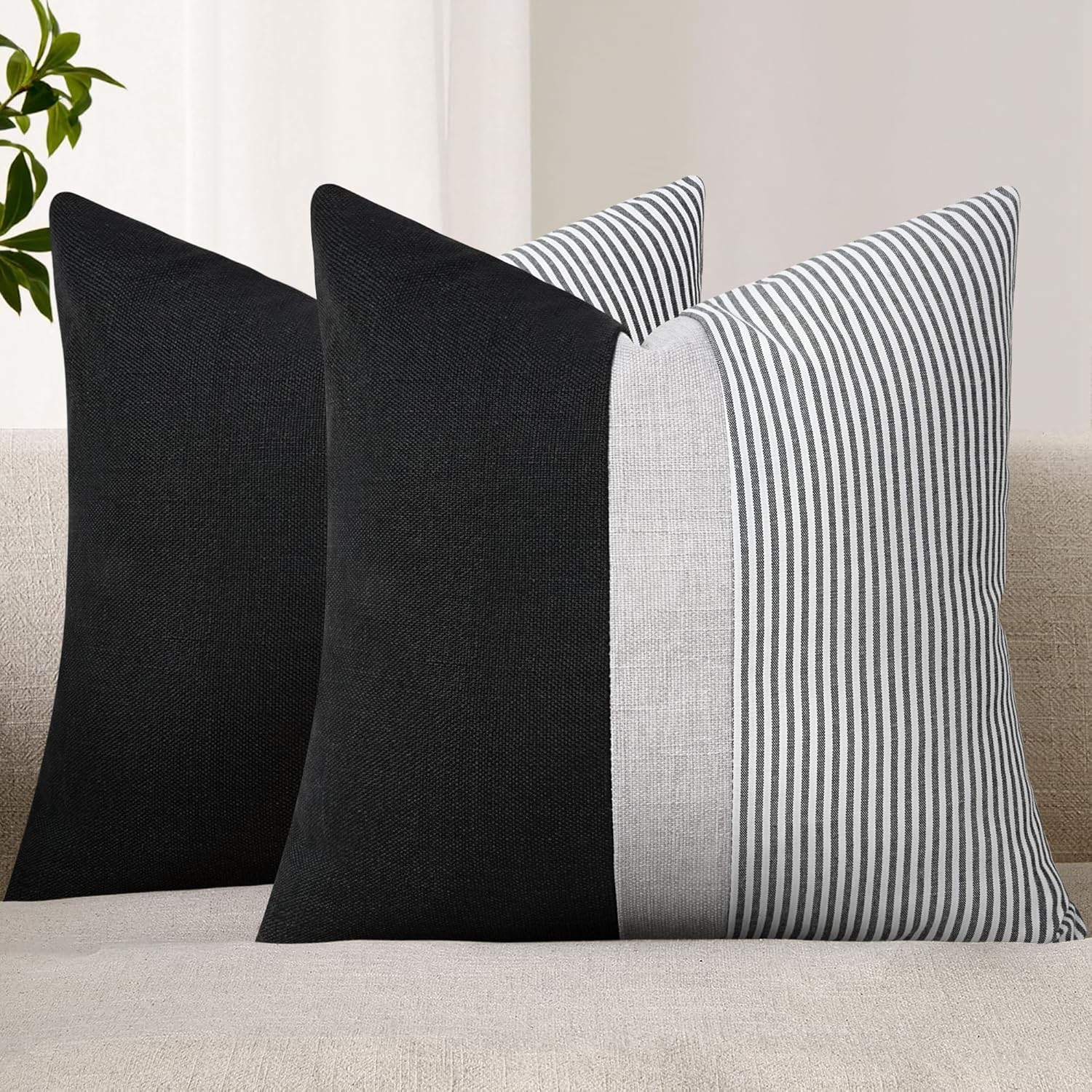 Adabana Stripe Pillow Covers 18x18 Set of 2 Square Patchwork Linen Decorative Lumbar Throw Pillow Covers Modern Farmhouse