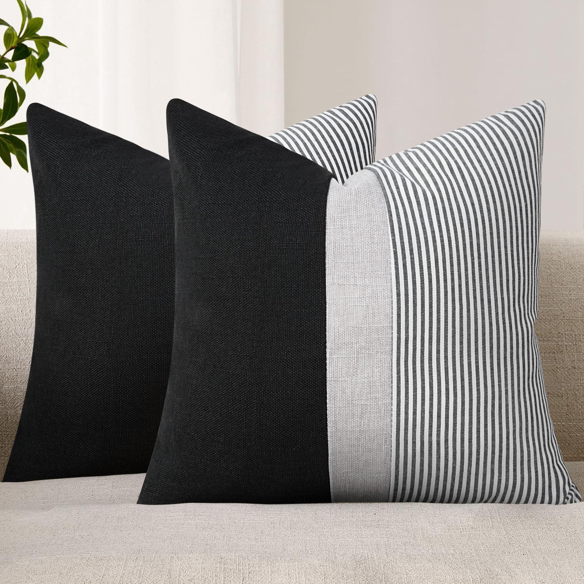 Adabana Stripe Pillow Covers 18x18 Set of 2 Square Patchwork Linen Decorative Lumbar Throw Pillow Covers Modern Farmhouse