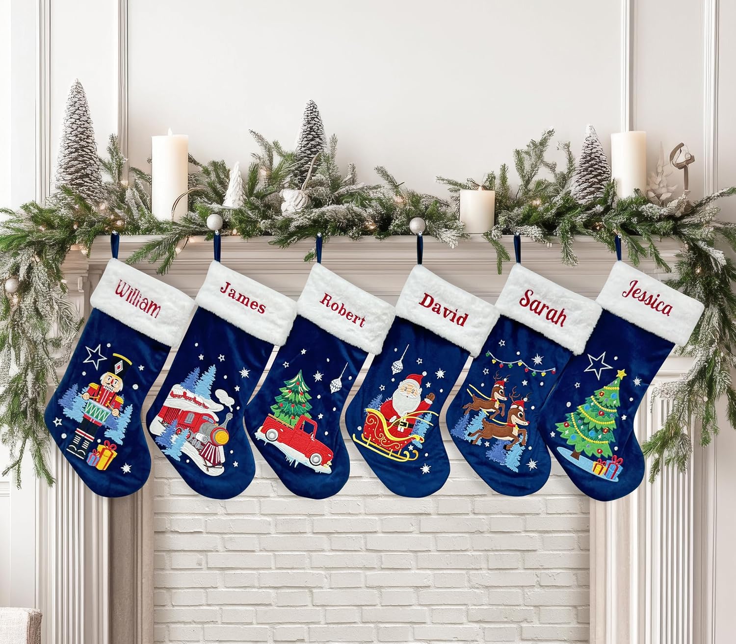 TEEAMORE Custom Blue Velvet Christmas Stocking 5 Pack Personalized Embroidered Name 18" Fireplace Hanging Decorations