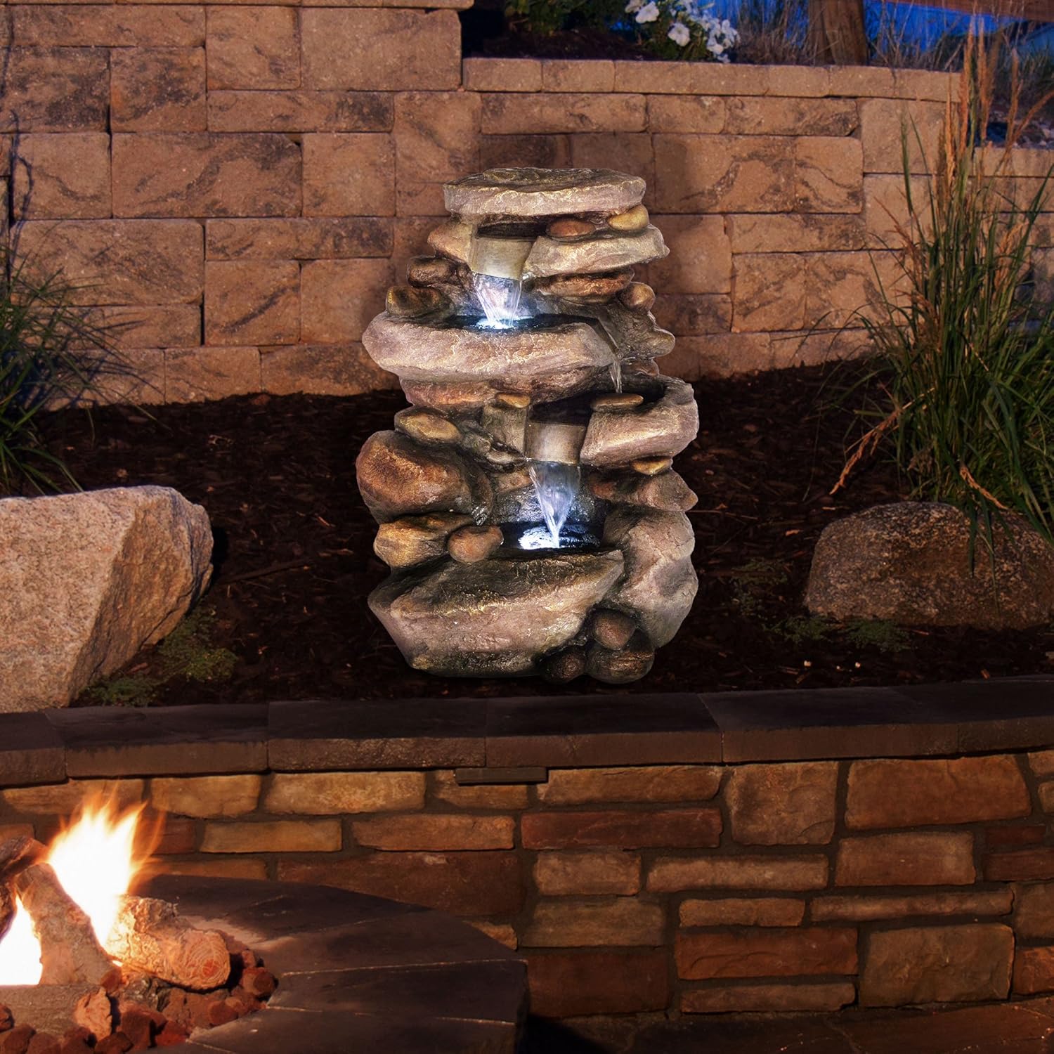Pure Garden W150003 Lighted Pots Cascading Bowls and Soothing Sound Outdoor Water Fountain, Beige : Patio, Lawn & Garden
