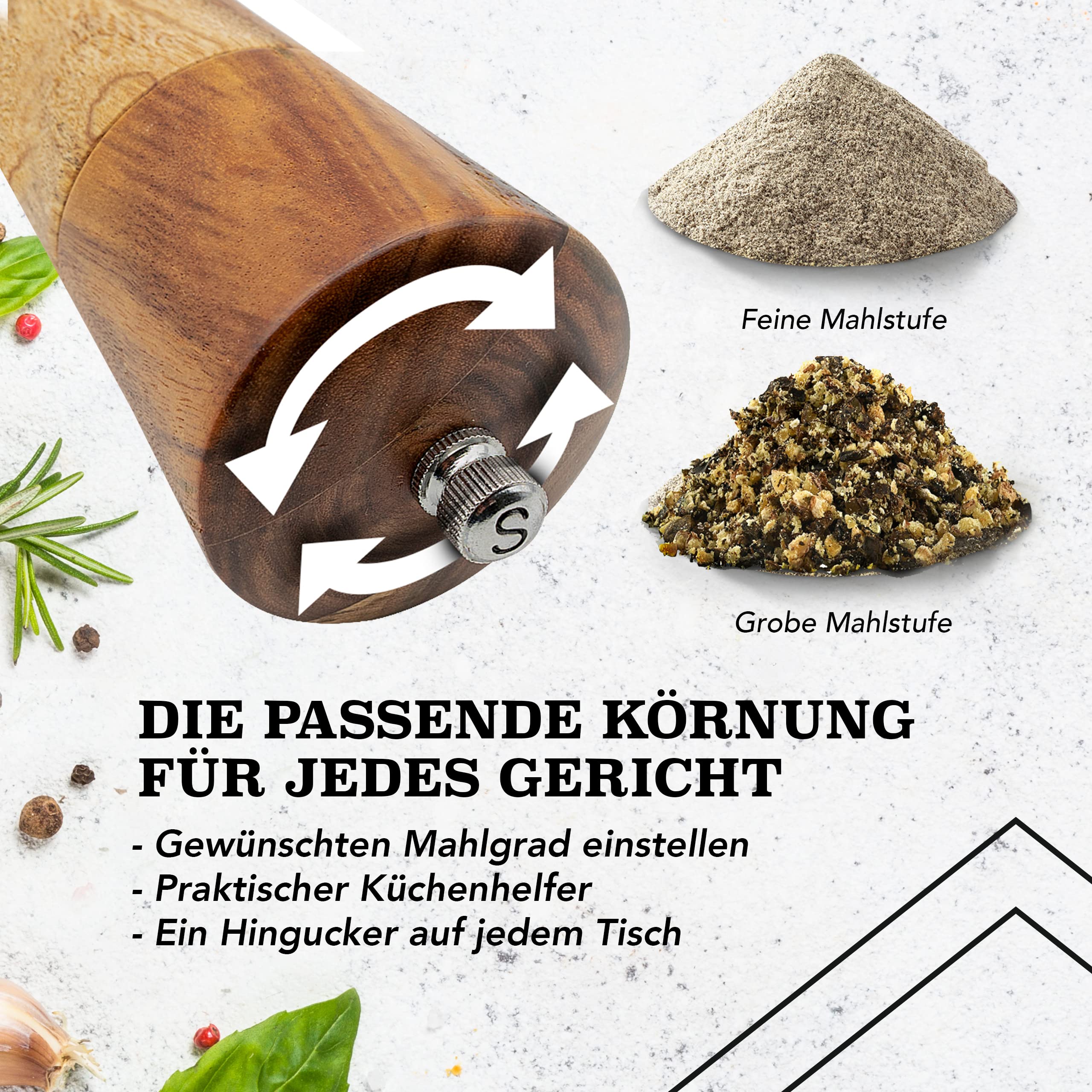Salz und Pfeffermühle Holz Groß (21 cm) - 2er Set mit Pfeffer und Salzmühle - Gewürzmühle mit Keramikmahlwerk inkl. Reinigungspinsel, Rezeptbuch - Küchenhelfer Geschenkidee