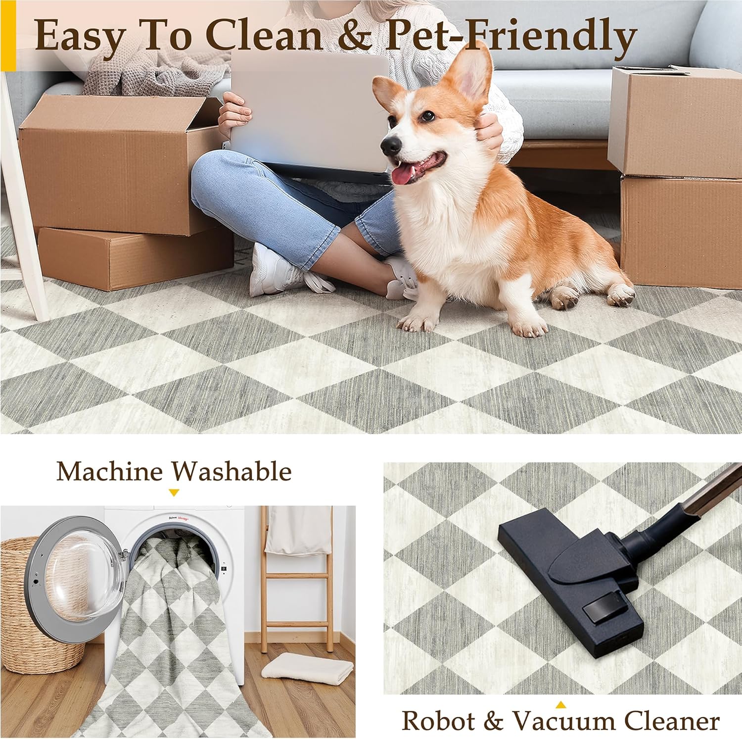 8x10 Checkered Grey Area Rug for Living Room Bedroom Washable Soft Modern Non Slip Large Throw Rug Lightweight Low Pile Neutral Carpet Dining Room Office Classroom Nursery Playroom