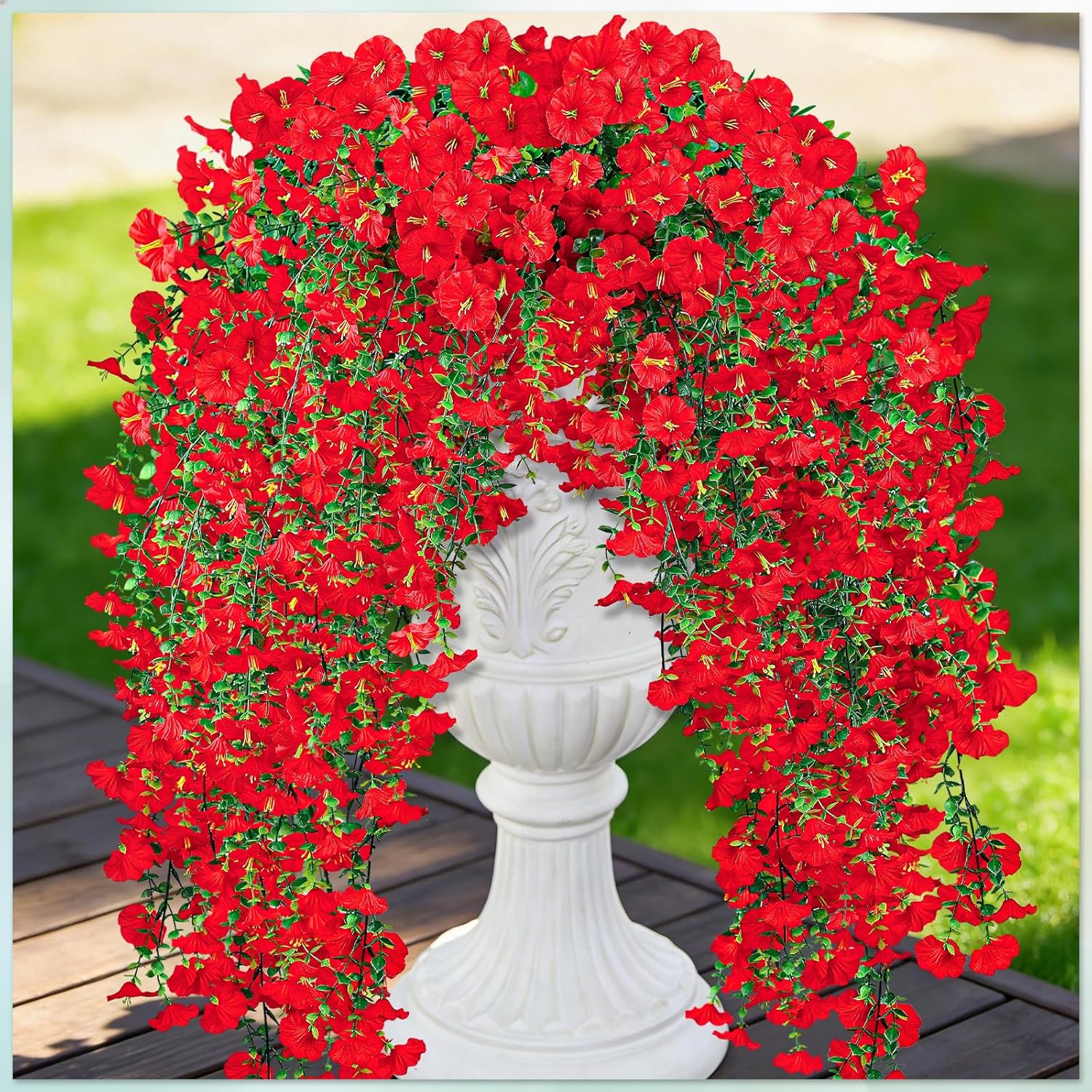 Artificial Hanging Flowers for Outdoors, 6Pcs UV Resistant Morning Glory Fake Flowers Outdoors Decorations, Realistic Silk Faux Hanging Plants Decor for Outside Planter Porch Patio Garden Home (Red)