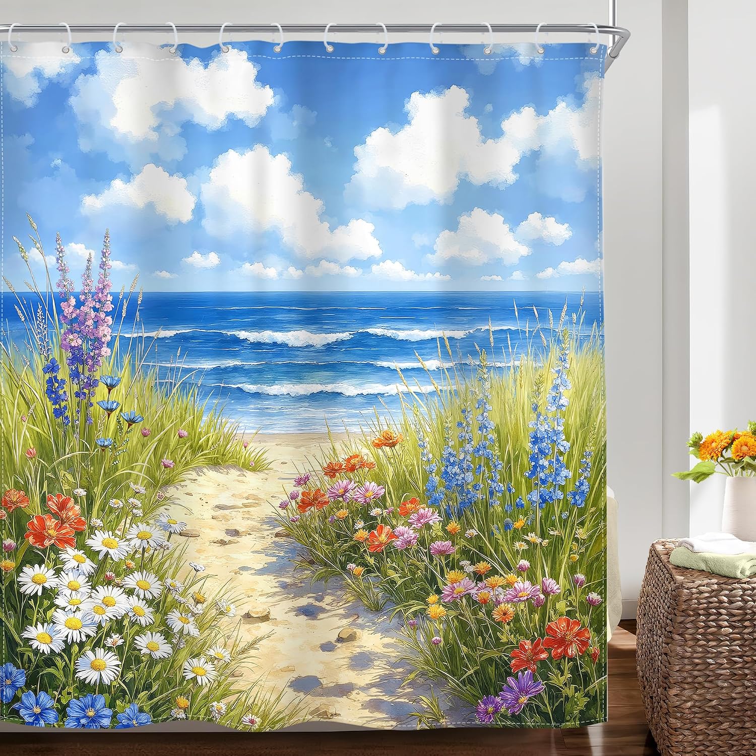 Riyidecor Ocean Beach Dark Blue Shower Curtain Spring Watercolor Floral Wildflower Path Blue Sky Cloud Seaside Scenery 72Wx72H Inch Botanic Fabric Decor Bathroom Polyester Waterproof 12 Pack Hooks