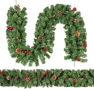 himaly 180 cm/6ft Weihnachts Girlanden mit Tannenzapfen, Roten Beeren, Künstliche Rattangirlanden Grün Kranz, Weihnachtliche Hängetreppe Fenster Kamin Wand Weihnachtsdekoration