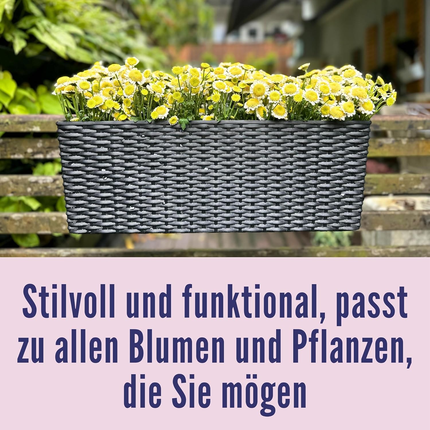 LaLaGreen Outdoor Rail Planter for Balcony (20 Inch, 2 Pack) Large Black Self Watering Deck Railings Planters with Brackets, Rectangular Plastic Fence Flower Box Designer Choice with Rattan Pattern