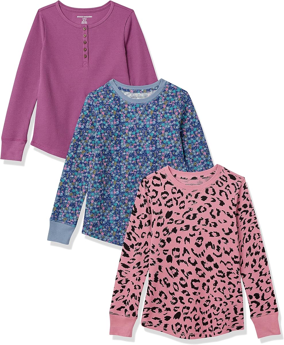 Amazon Essentials Camiseta térmica de algodón de manga larga para niñas y niños pequeños, paquete de 3