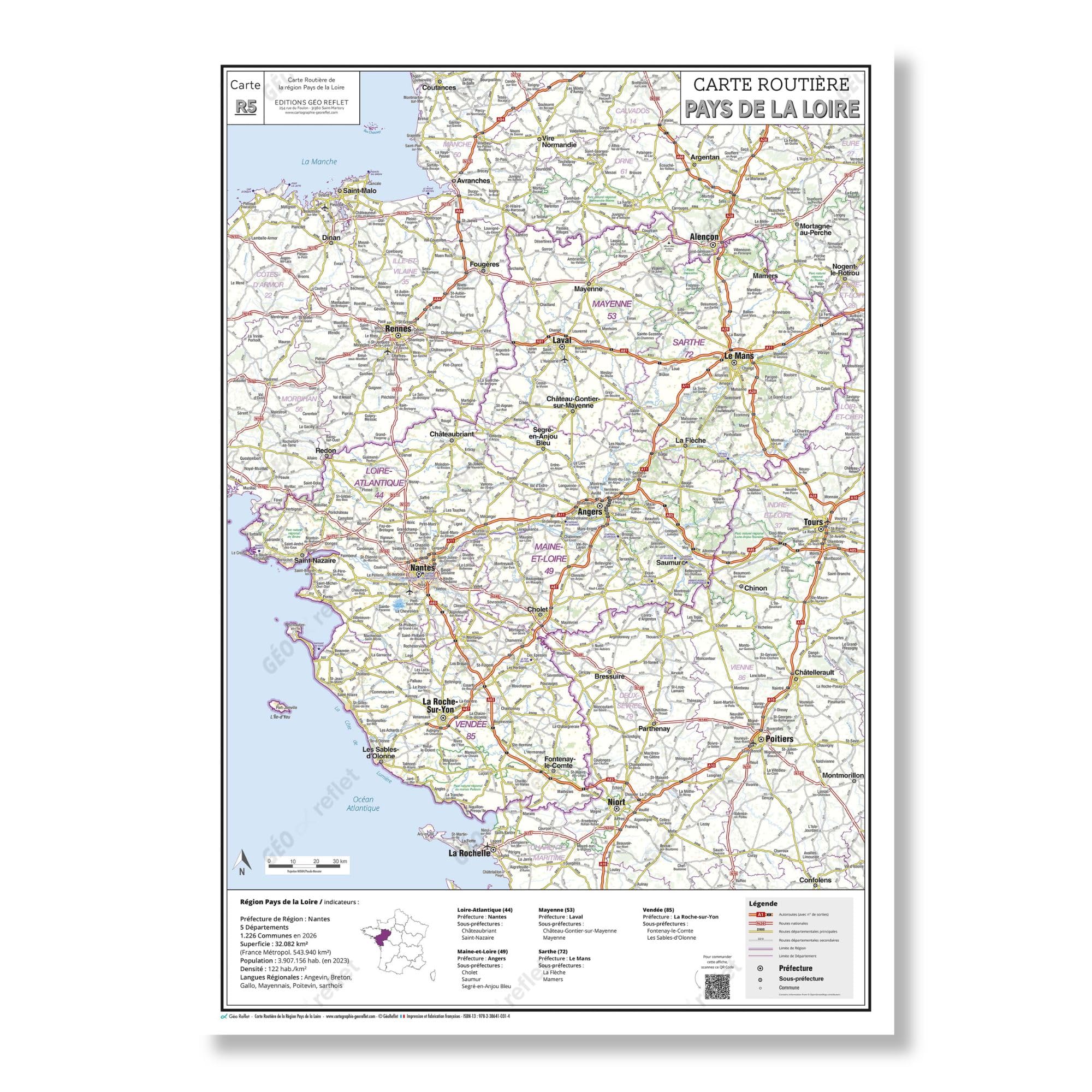 Carte routière de la région Pays de la Loire - Poster plastifié 100x70 cm - Édition 2026
