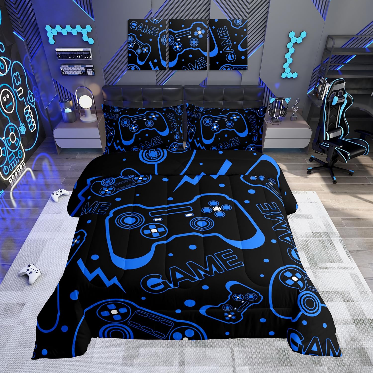 Feelyou Kids Gamer Bedding Set Queen Size Boys Game Gaming Comforter for Teens Video Game Controller Comforter Set Gamepad Room Decor