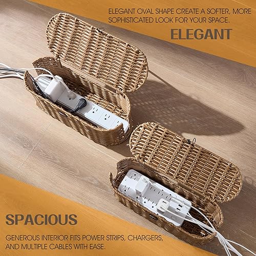 Miniatura 4 de FairyHaus Caja organizadora de cables, 2 unidades, color marrón, tejida a mano, grande y pequeña, para ocultar cables y regleta de alimentación,