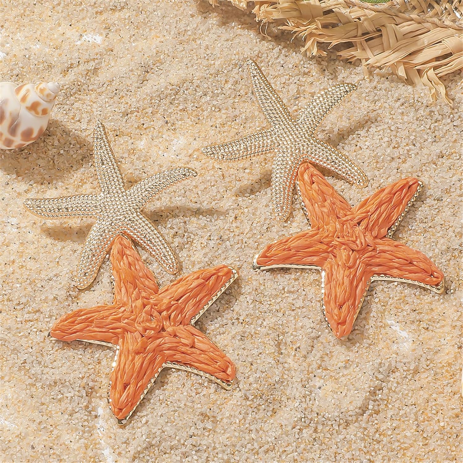 Starfish Earrings for Women Large Gold Statement Star Earrings Boho Raffia Straw Wrapped Starfish Drop Dangle Earrings Summer Tropical Beach Jewelry - Image 5