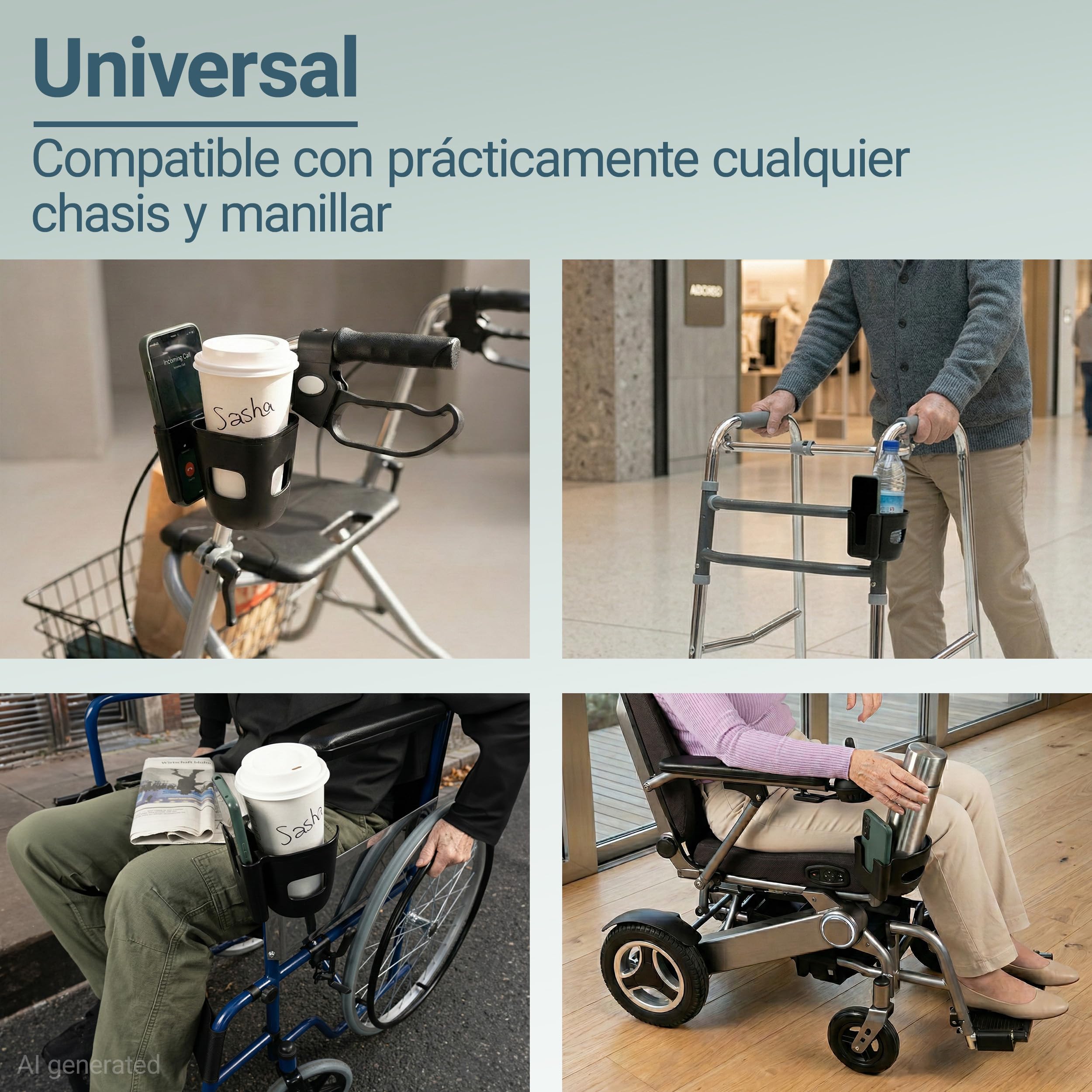 Zamboo Portavasos y Soporte para Movil para Silla de Ruedas, Andador y Ayudas a la Movilidad | Porta Botellas Universal 2 en 1 para Bebidas y Smartphone, Giratorio 360° | Fácil instalación – Negro