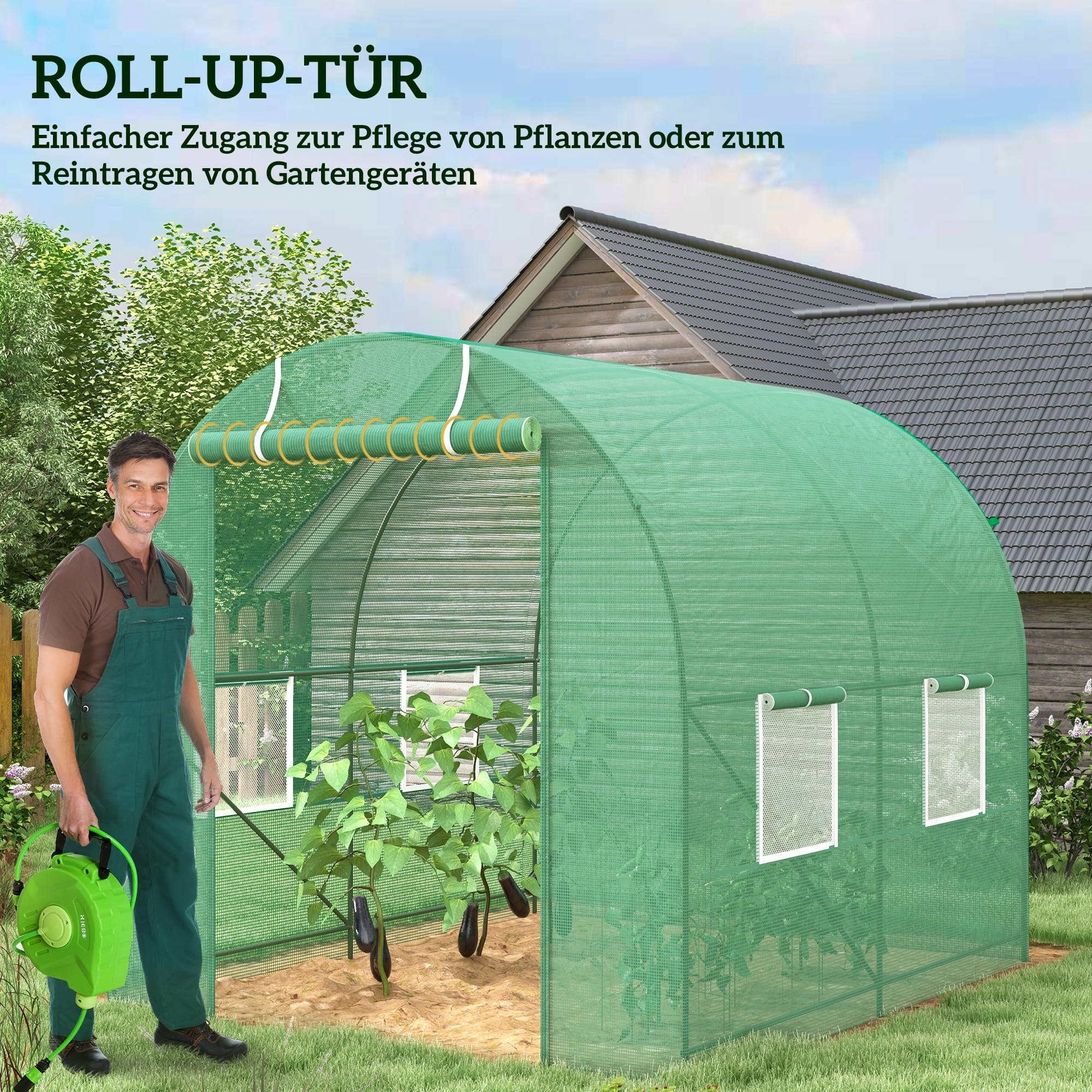 Outsunny Tomatenkas Foliekas Met Oprolbare Deur, Gaasramen, Schuin Dak 196 X 77 X 197 Cm Groen~23s448vn9lo00
