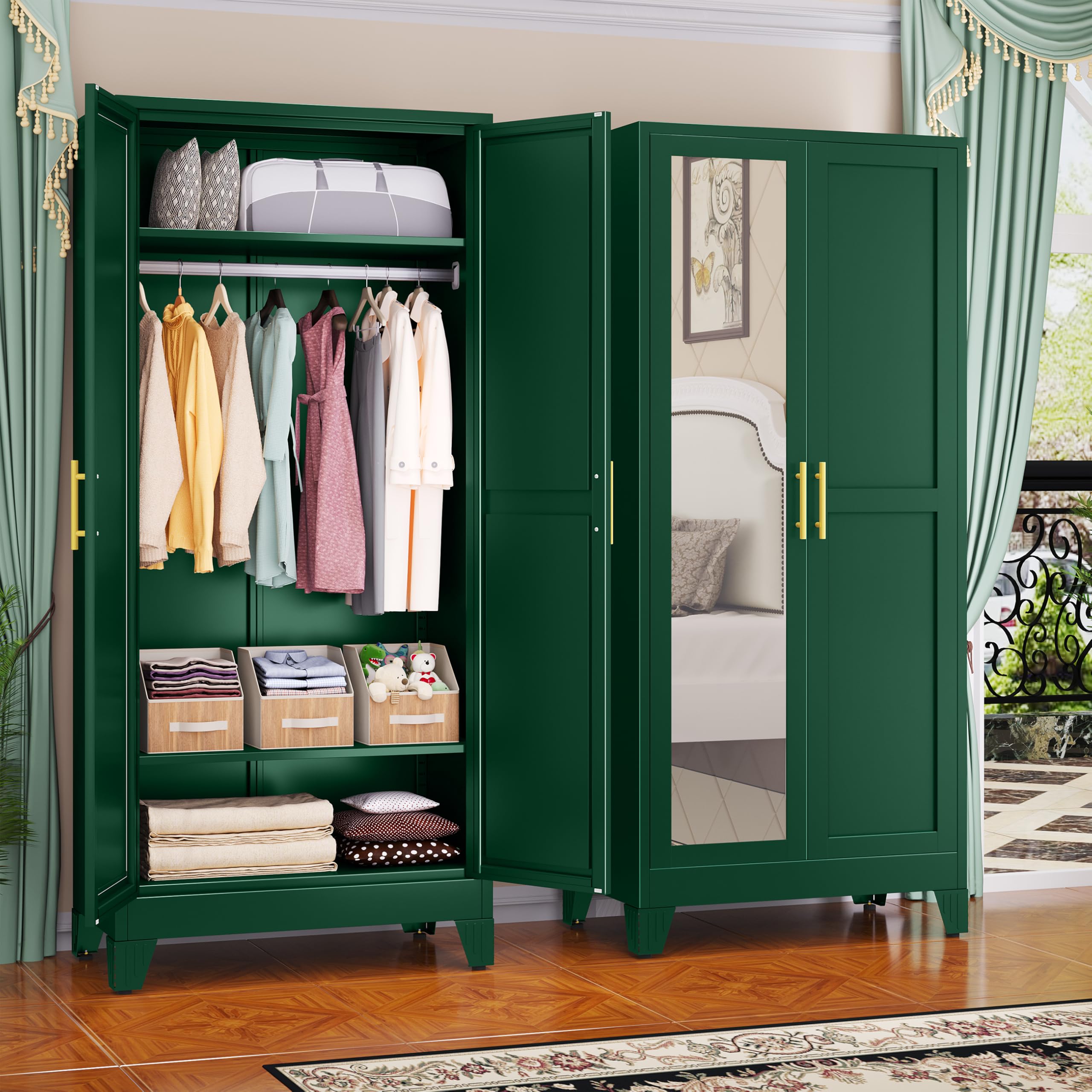 GAIOUS Metal Wardrobe Cabinet with Mirror and Hanging Rod, 71" Green