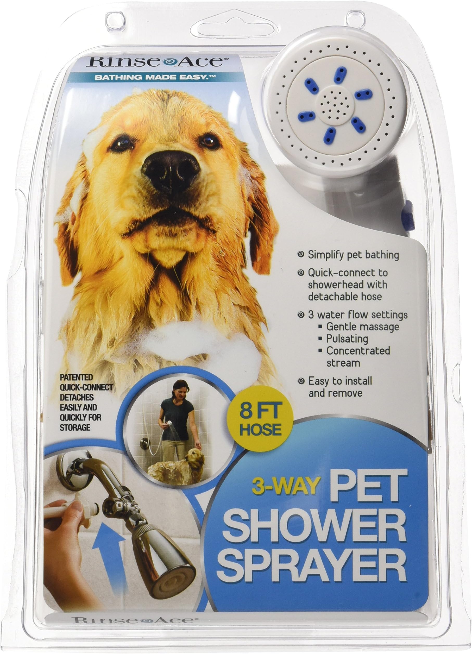 Rinse Ace 3 Way Pet Shower Sprayer with 8 foot Hose and Quick Connect to Showerhead