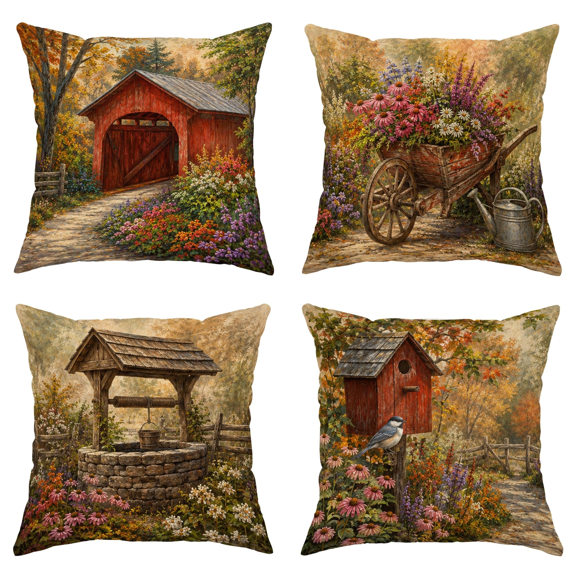 Housses de coussin de campagne 55x55 cm vert automne fermeture éclair