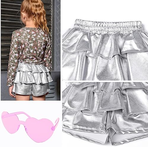 Miniatura 5 de Pantalones cortos metálicos plisados para niñas, con volantes brillantes, para patinadora, danza, cintura elástica, pantalones con gafas de sol para