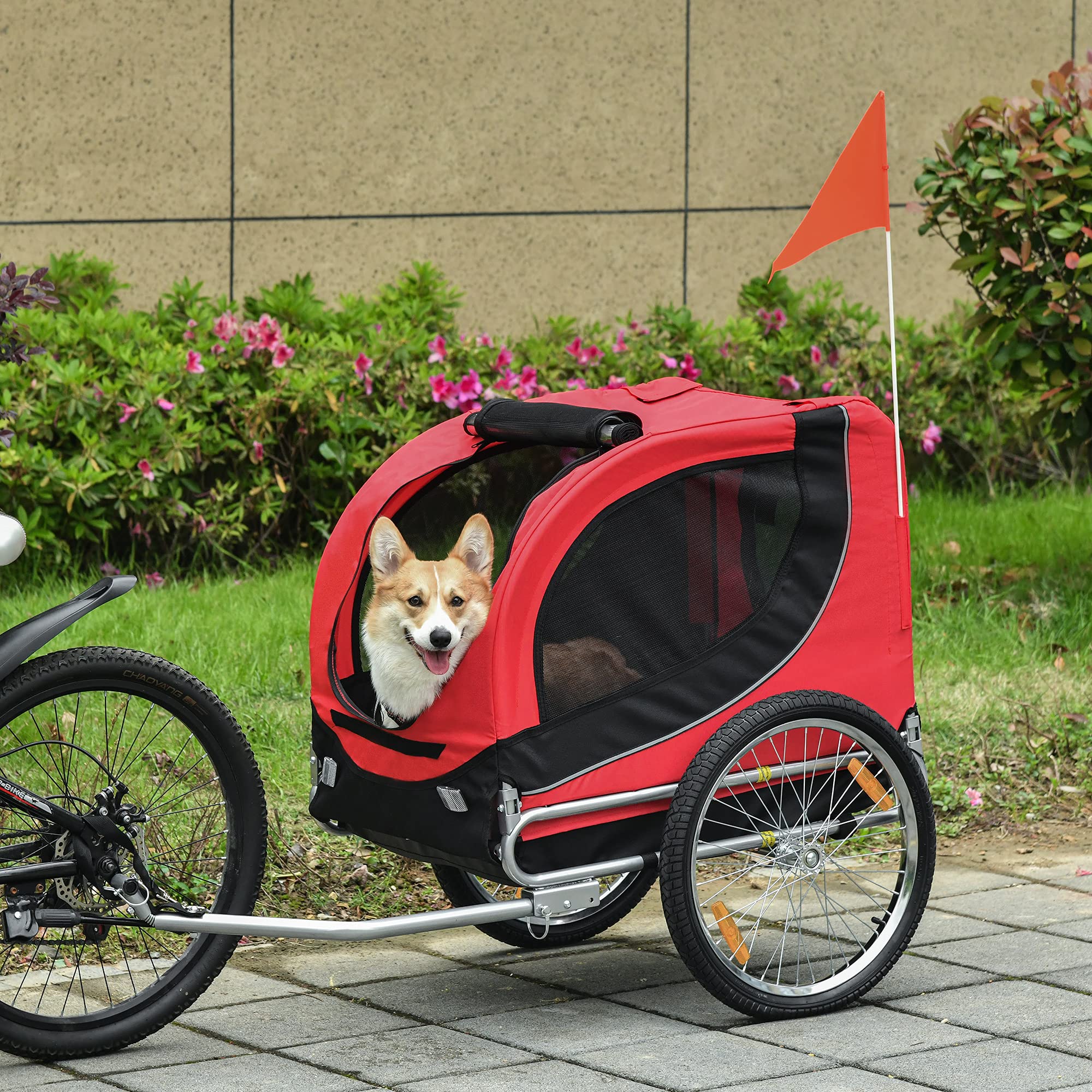 PawHut Carrellino Rimorchio per Cani Animali Domestici da Bicicletta 130 x 73 x 90cm Rosso e nero