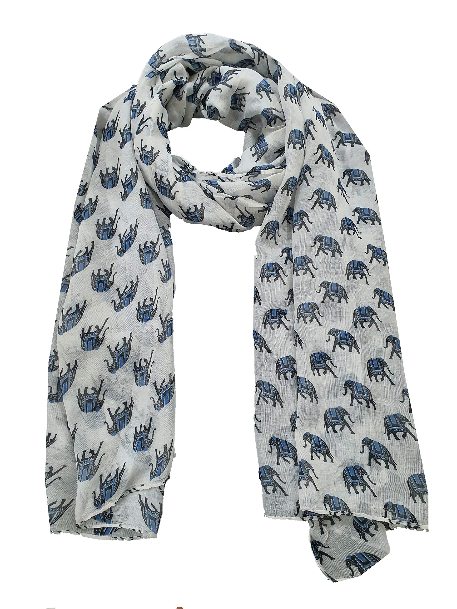 World Of Shawls Women's Indian Elephant White/Blue Colorful Scarf With Elephant Print Wraps Shawl Soft Scarves Sarong ()
