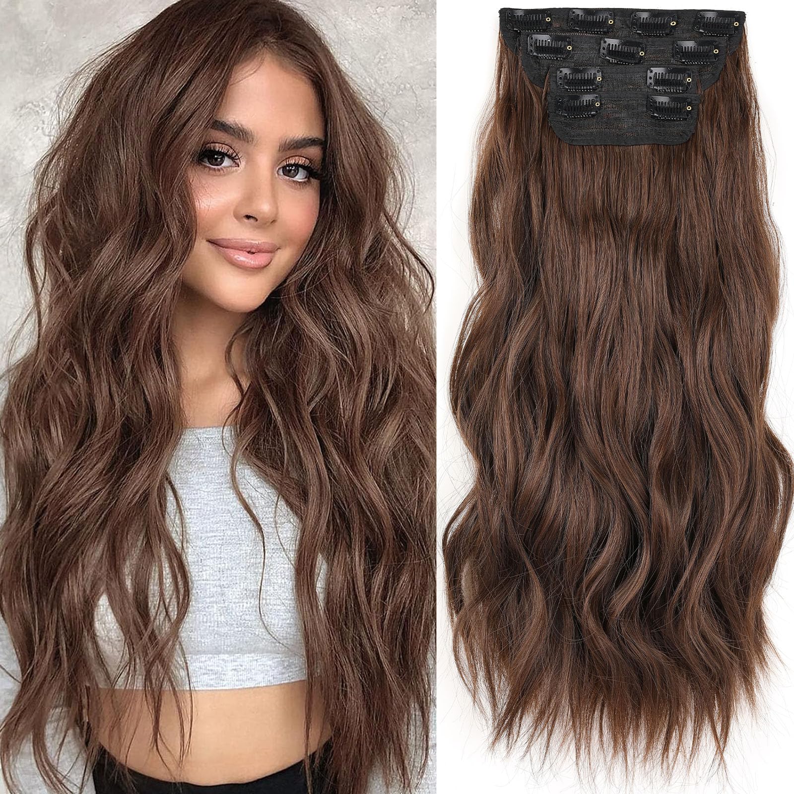 Samtress 20 Inch Clip in Hair Extensions 4 PCS Brown Synthetic Hair Extensions Thick Hairpieces Long Wavy Hair Extensions Clip in for Women (#9)
