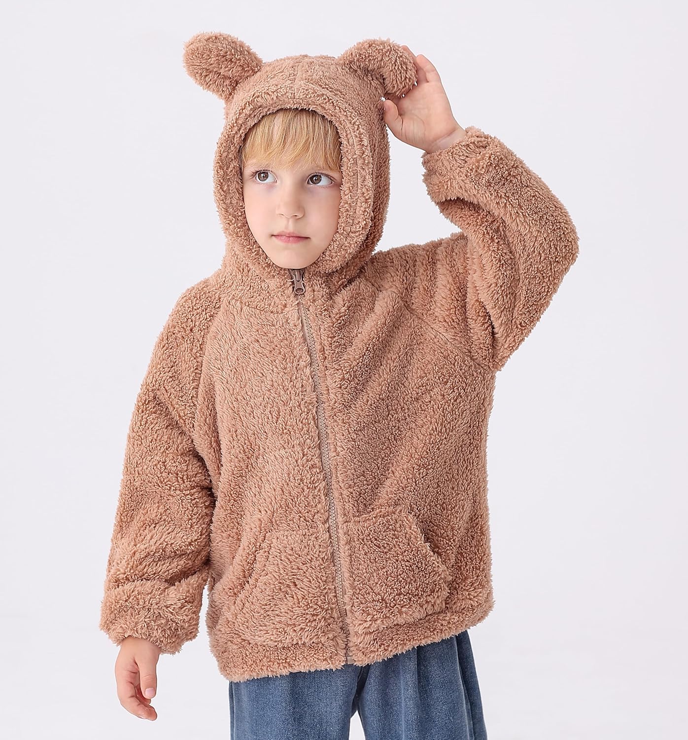 Feidoog Toddler Kids Fleece Hooded Jacket Coat with Ears Zipper Lightweight Long Sleeve Thick Warm Outerwear - Image 6