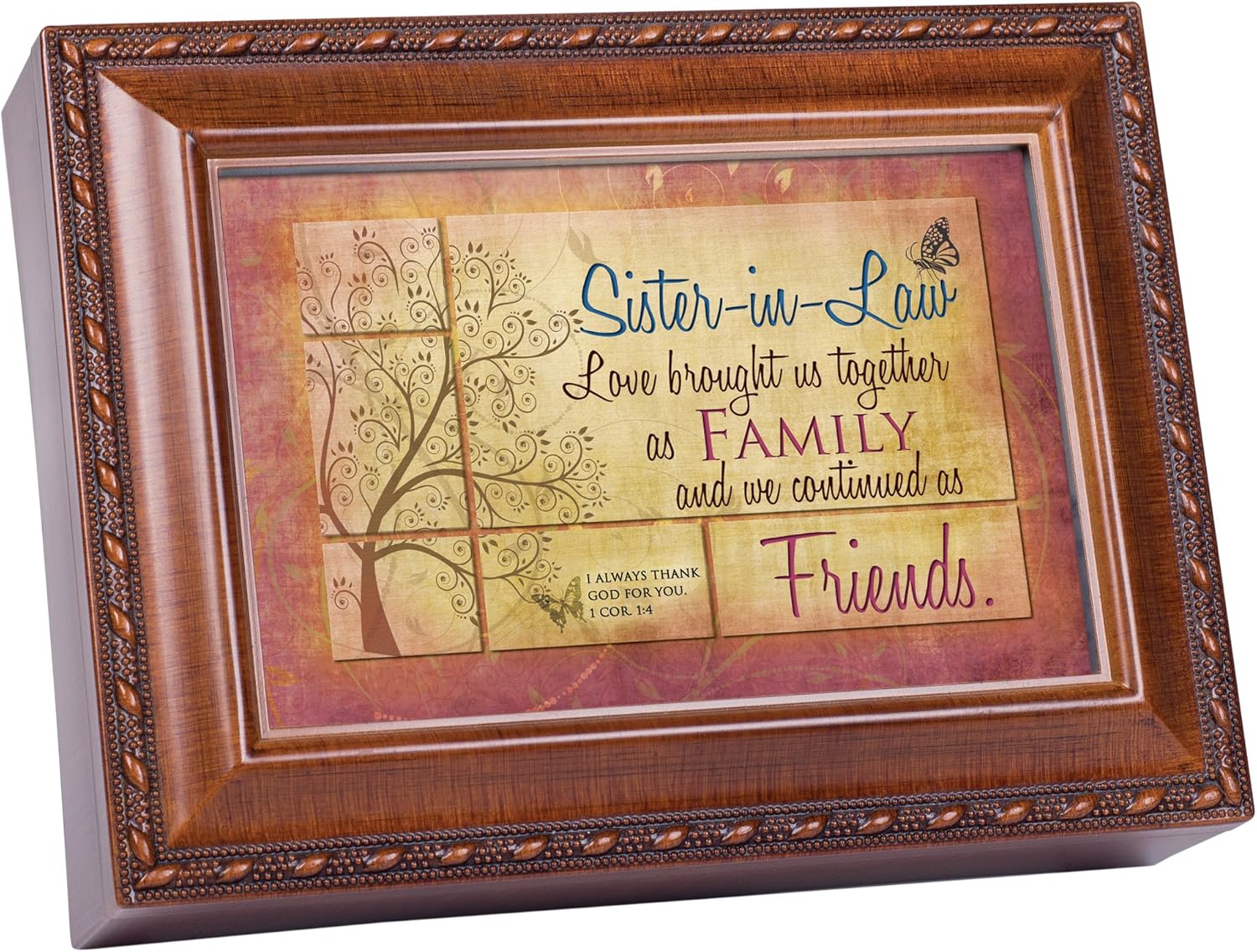 Cottage Garden Sister-in-Law Love Brought Together Woodgrain Rope Trim Jewelry Music Box Plays Friend in Jesus